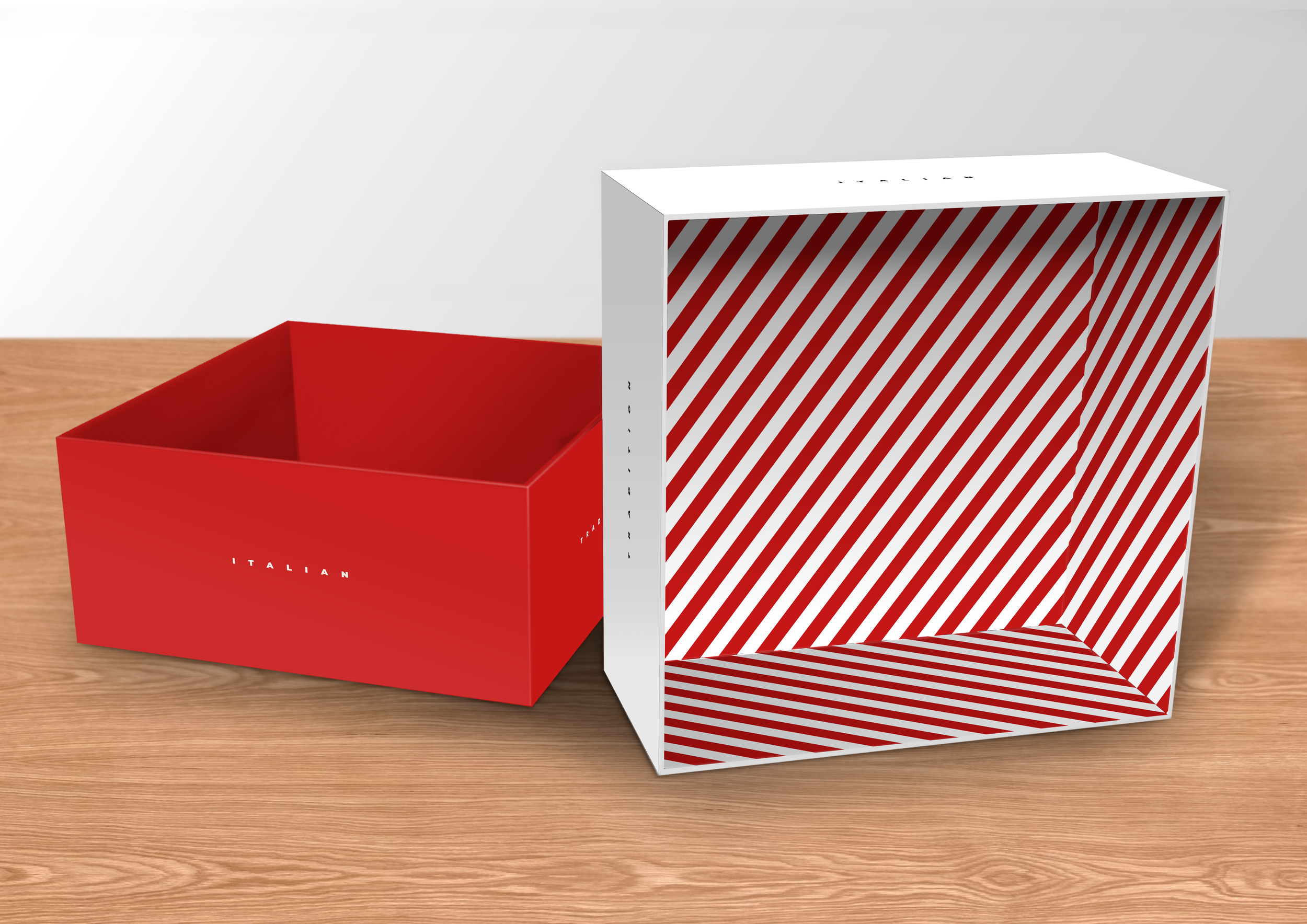 Open red and white striped Italian gift boxes with a plain wooden surface and white background