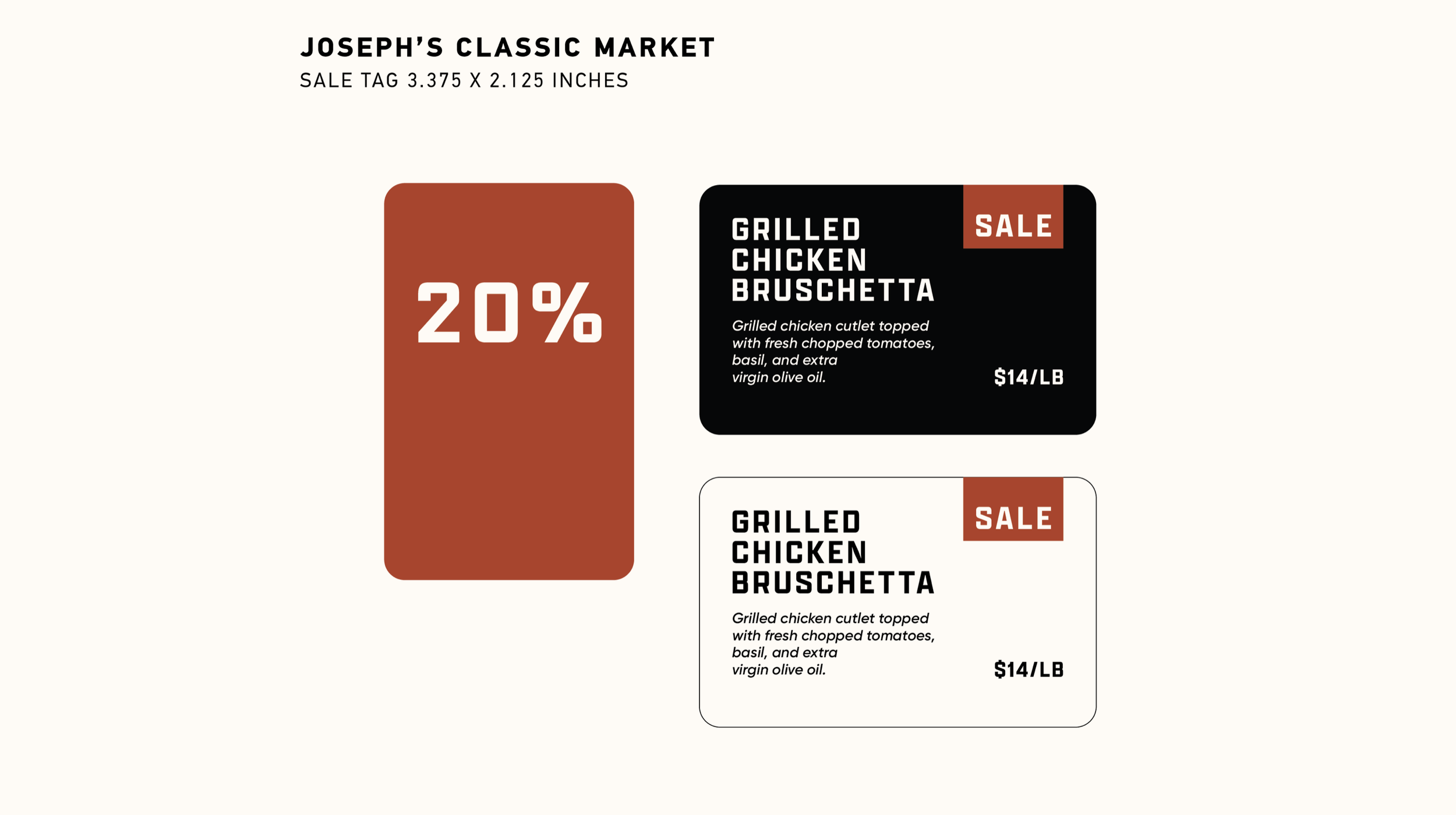 Market sale sign for Joseph's Classic Market, showing 20% off on grilled chicken bruschetta priced at $14 per pound, with descriptive text about the product. Robert Ranfranz creative studio.