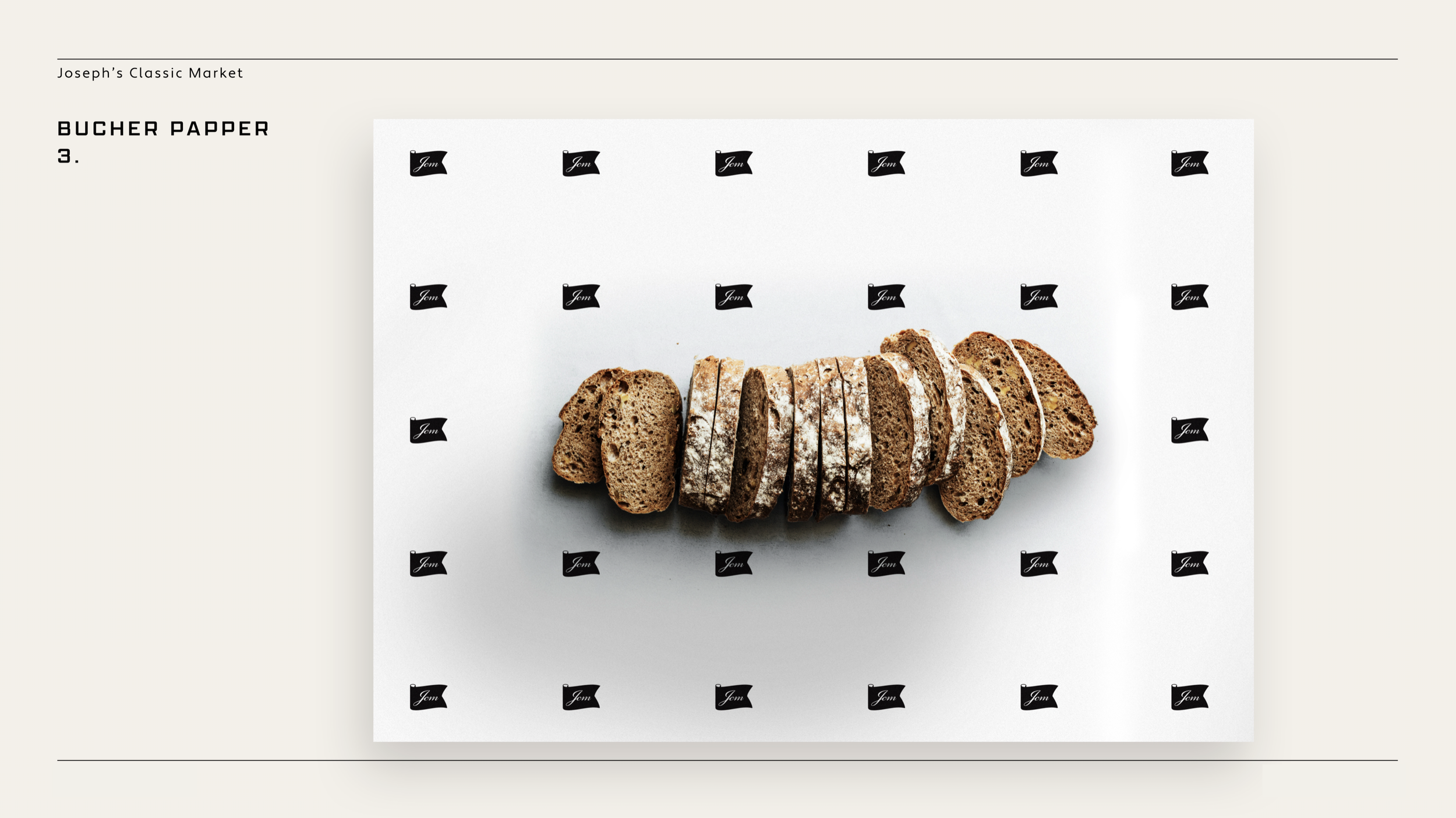 Sliced loaf of rustic bread on white background with black logos. Robert Ranfranz creative studio.