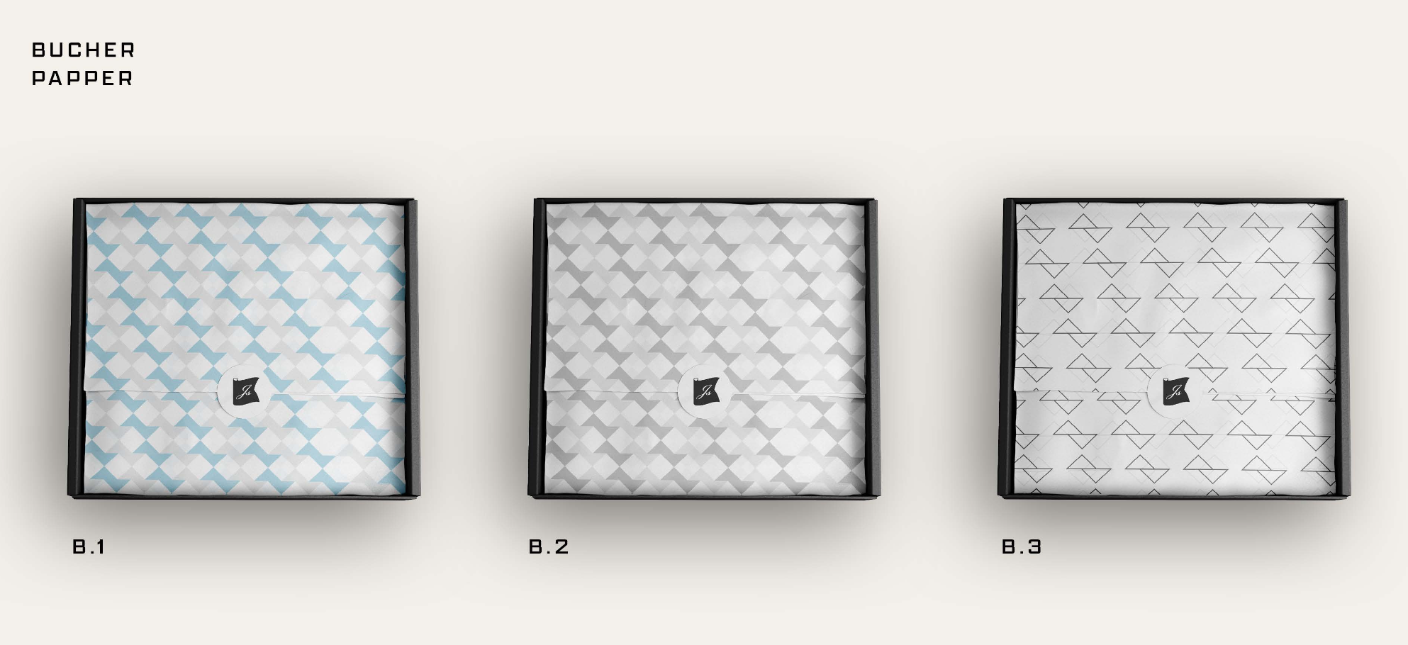 Three black boxes with patterned packing paper inside, labeled B.1, B.2, and B.3 from left to right. B.1 has a blue and white geometric pattern, B.2 has a gray and white geometric pattern, and B.3 has a black and white lattice pattern.