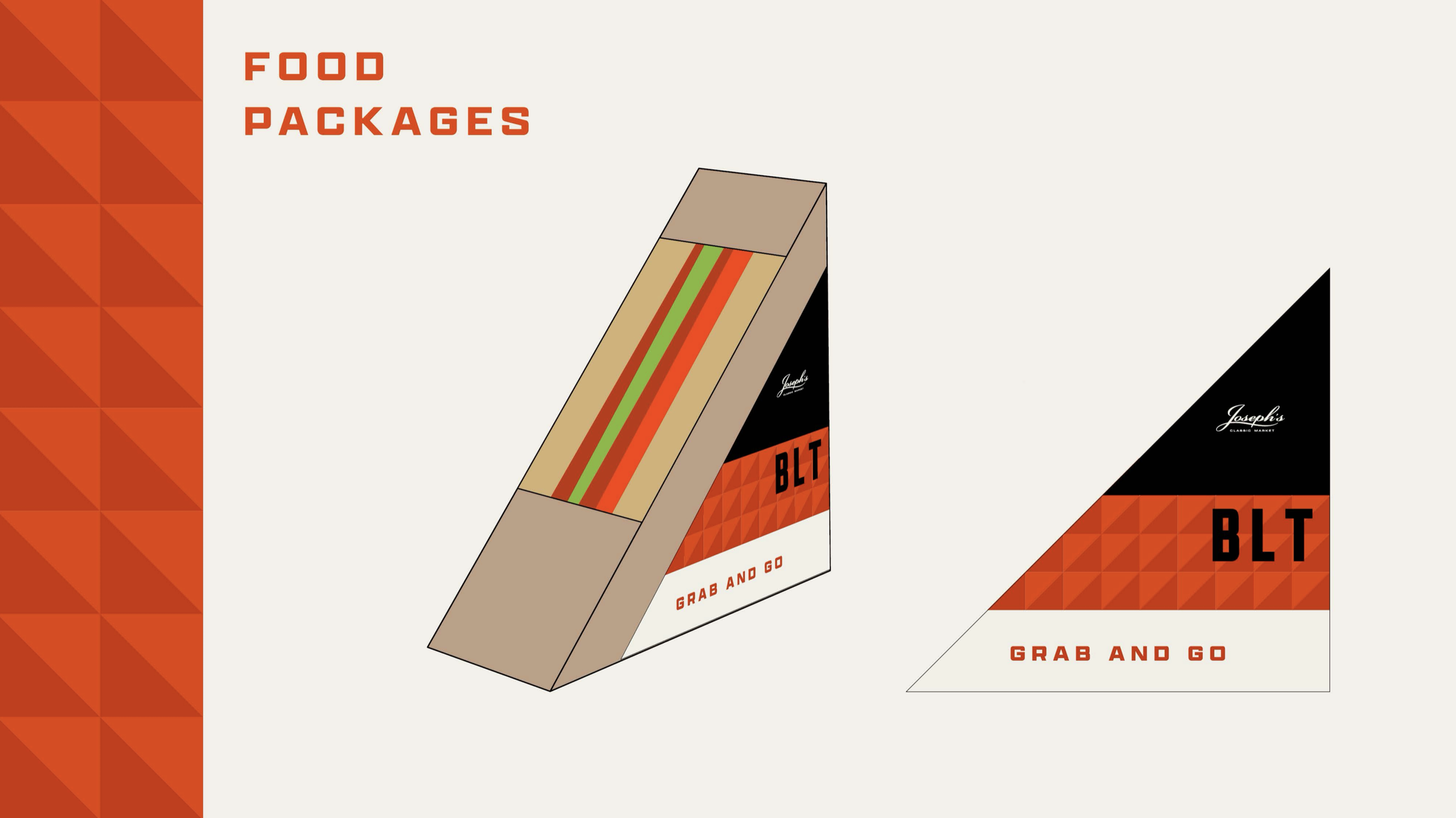 Packaging design for a product called 'BLT' with geometric orange and black patterns, and the words 'Grab and Go.' Robert Ranfranz creative studio.