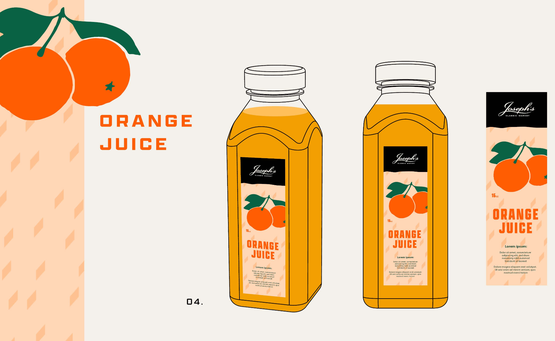 A digital illustration of two bottles of orange juice with labels featuring cherries, the text 'Orange Juice', and a logo 'Joseph's Classic Market'. There's an orange and green cherry illustration in the top left corner with the text 'Orange Juice' next to it on the left side of the image.