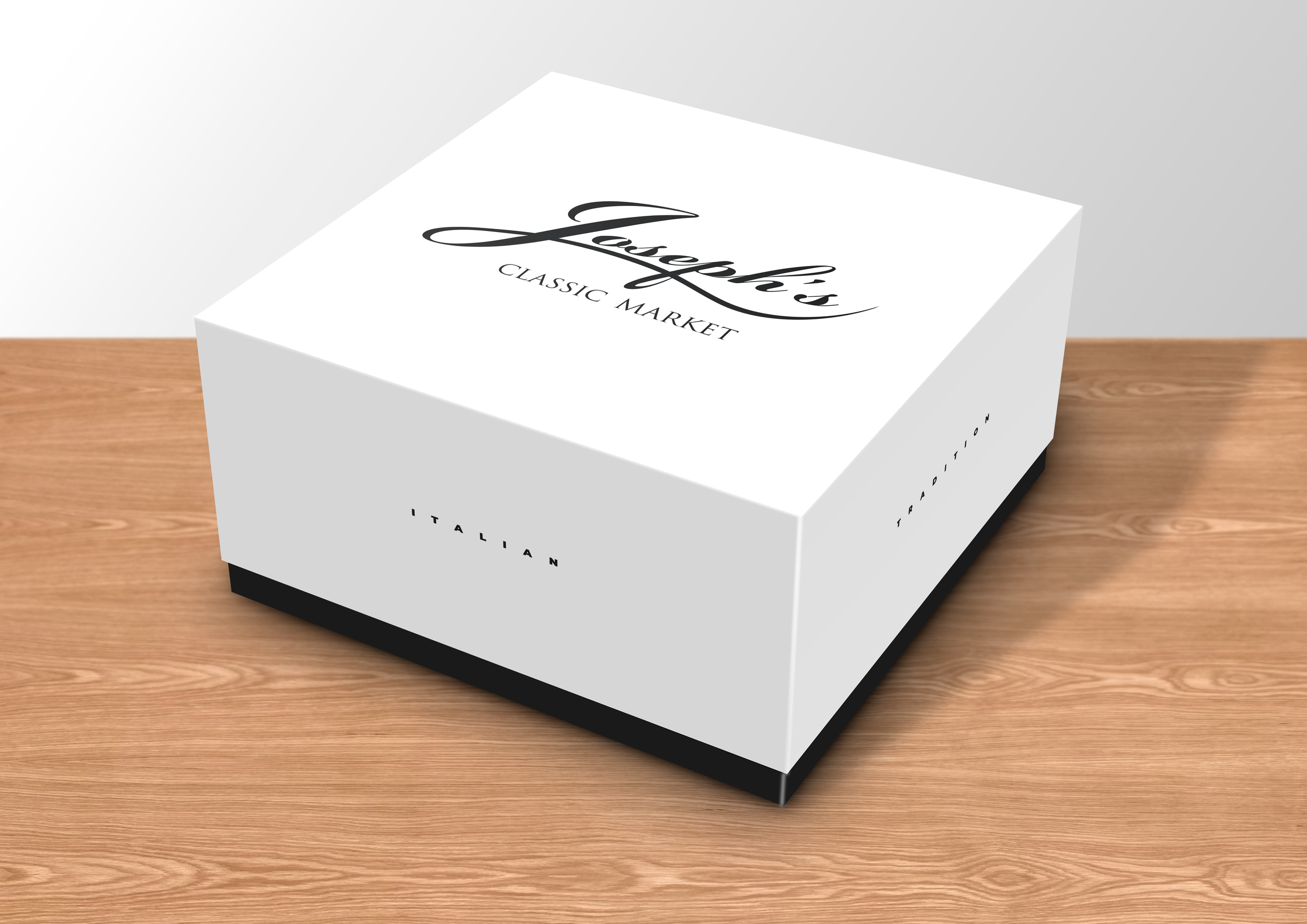 A white box with black text and design, labeled 'Eugene's Classic Market' and 'Italian,' placed on a wooden surface.