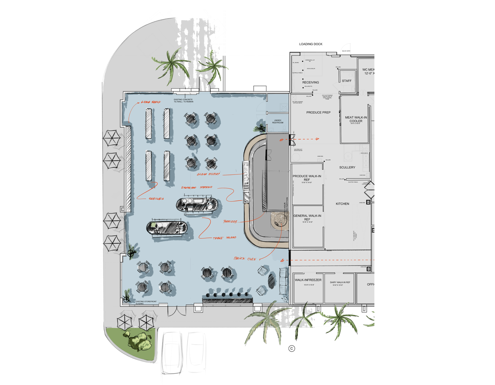 A detailed architectural site plan for a food service establishment, showing outdoor seating area with tables and umbrellas, an indoor kitchen and food prep areas, a bar, and designated storage and utility rooms. Robert Ranfranz branding, design and
