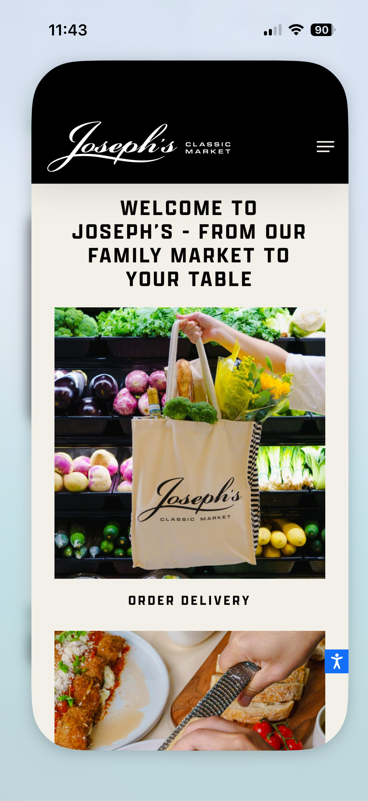 Screenshot of Joseph's Classic Market website featuring a fresh produce display and order delivery options.