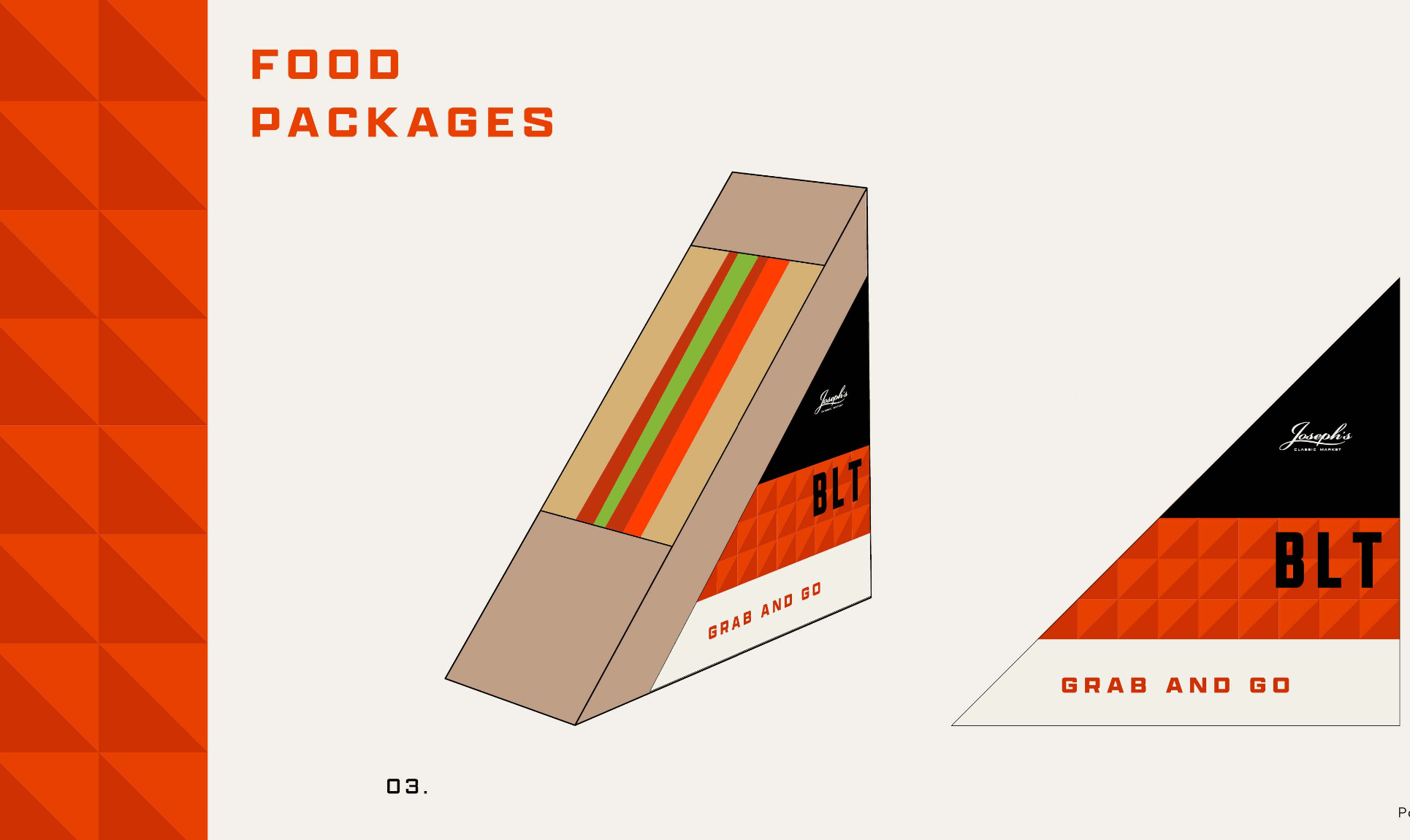 Box of BLT food packages with red, green, and beige stripes, labeled with 'BlT' and 'Grab and Go' on packaging, and the company's logo.