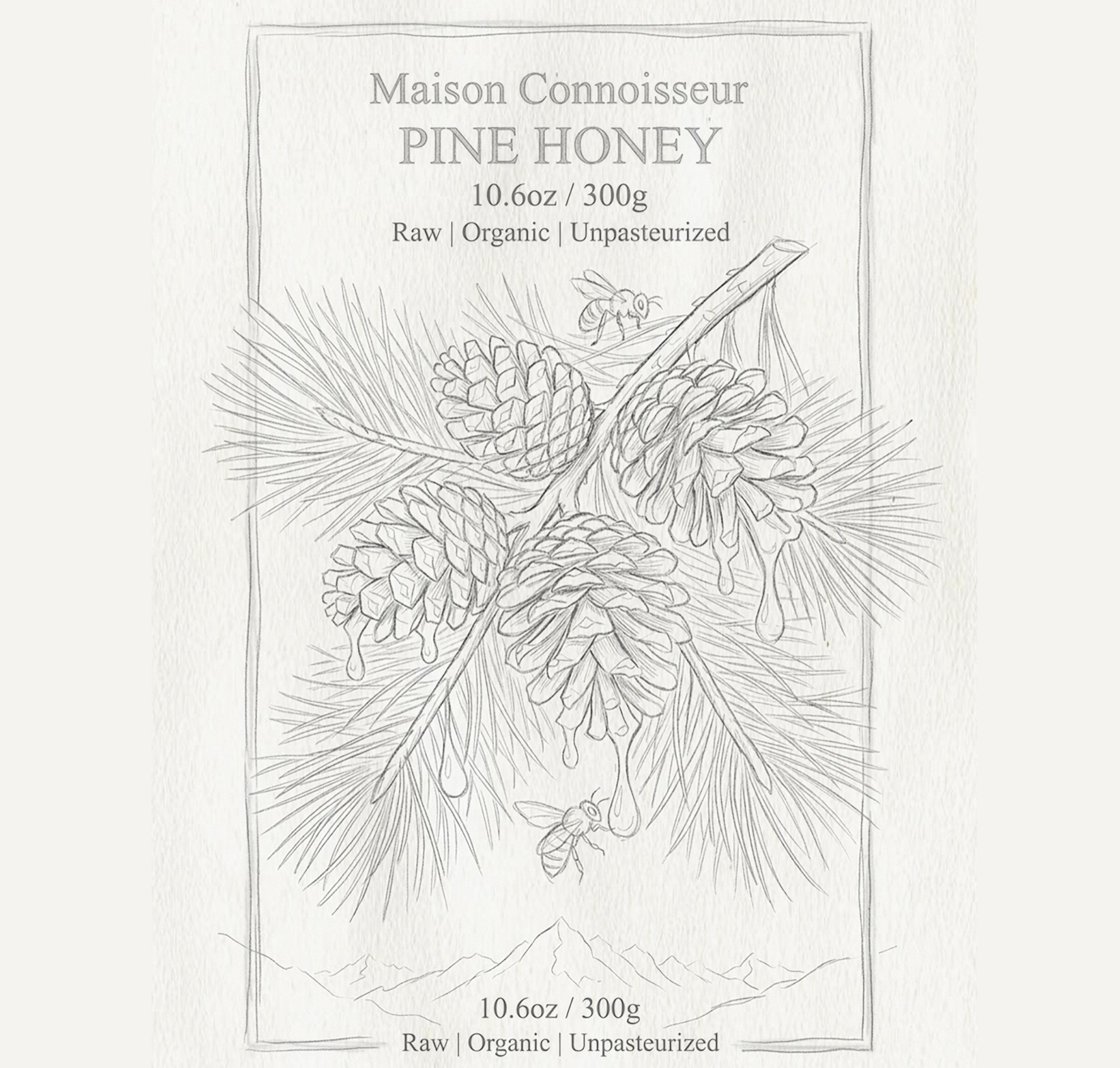 Sketch of pine cones, pine needles, and honey with bees, along with text about pine honey, including weight and organic, unpasteurized description. Maison Connoisseur Honey. Robert Ranfranz.