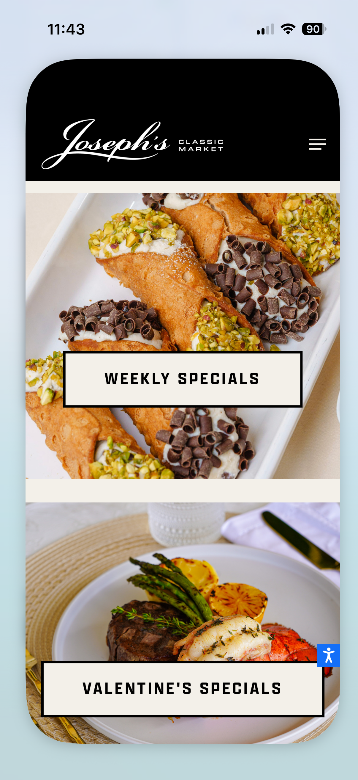 Mobile phone screen displaying a website for Joseph's Classic Market with images of food. The top image shows cannoli topped with pistachios and chocolate shavings under a banner "Weekly Specials." The bottom image features a plated meal with steak, grilled asparagus, and roasted potatoes labeled "Valentine's Specials."