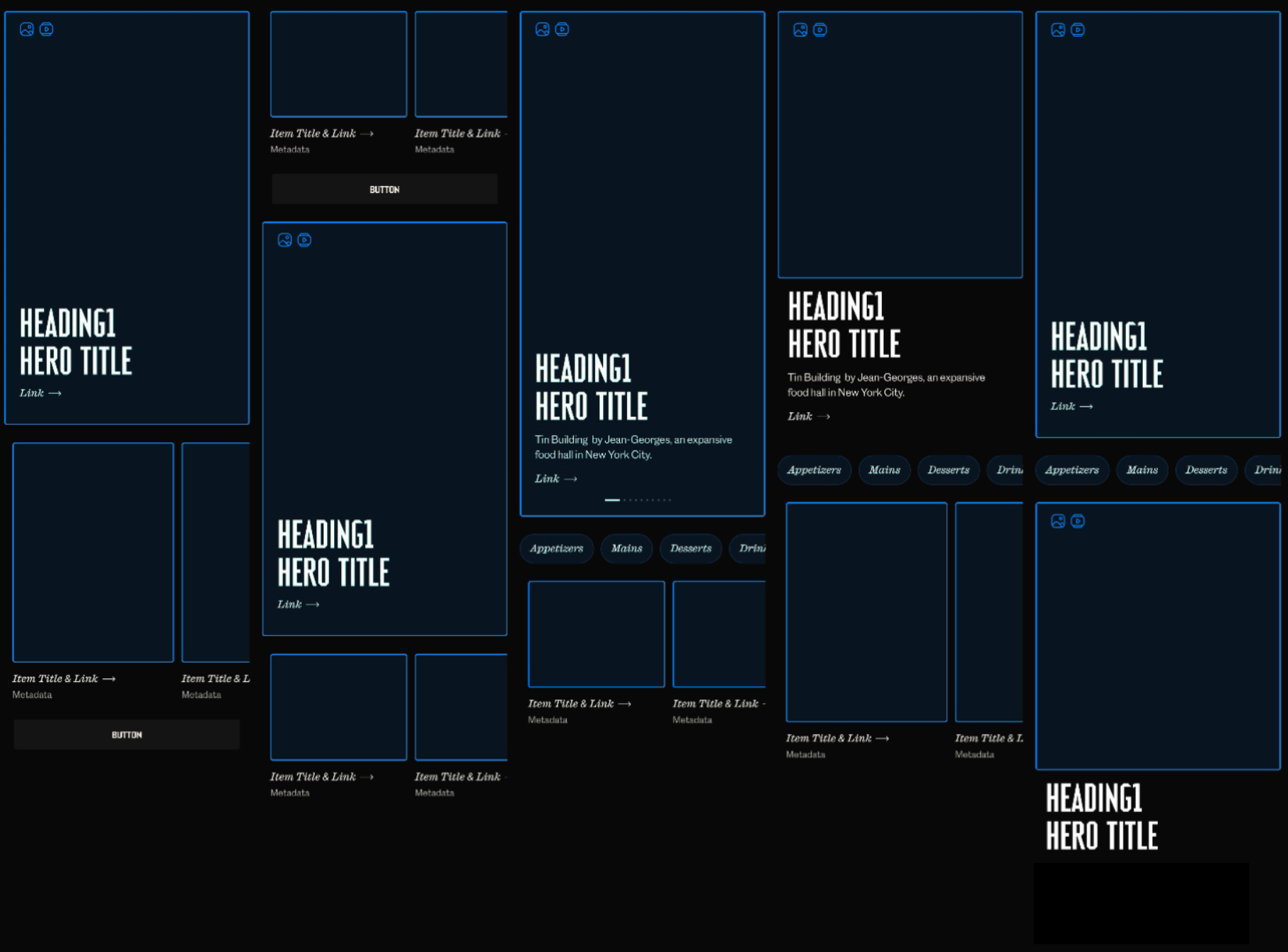 A wireframe layout of a website or app design, featuring multiple sections with headings, hero titles, links, and categories like appetizers, mains, desserts, and drinks. The layout shows different content blocks with placeholders for images and text, outlined in blue.