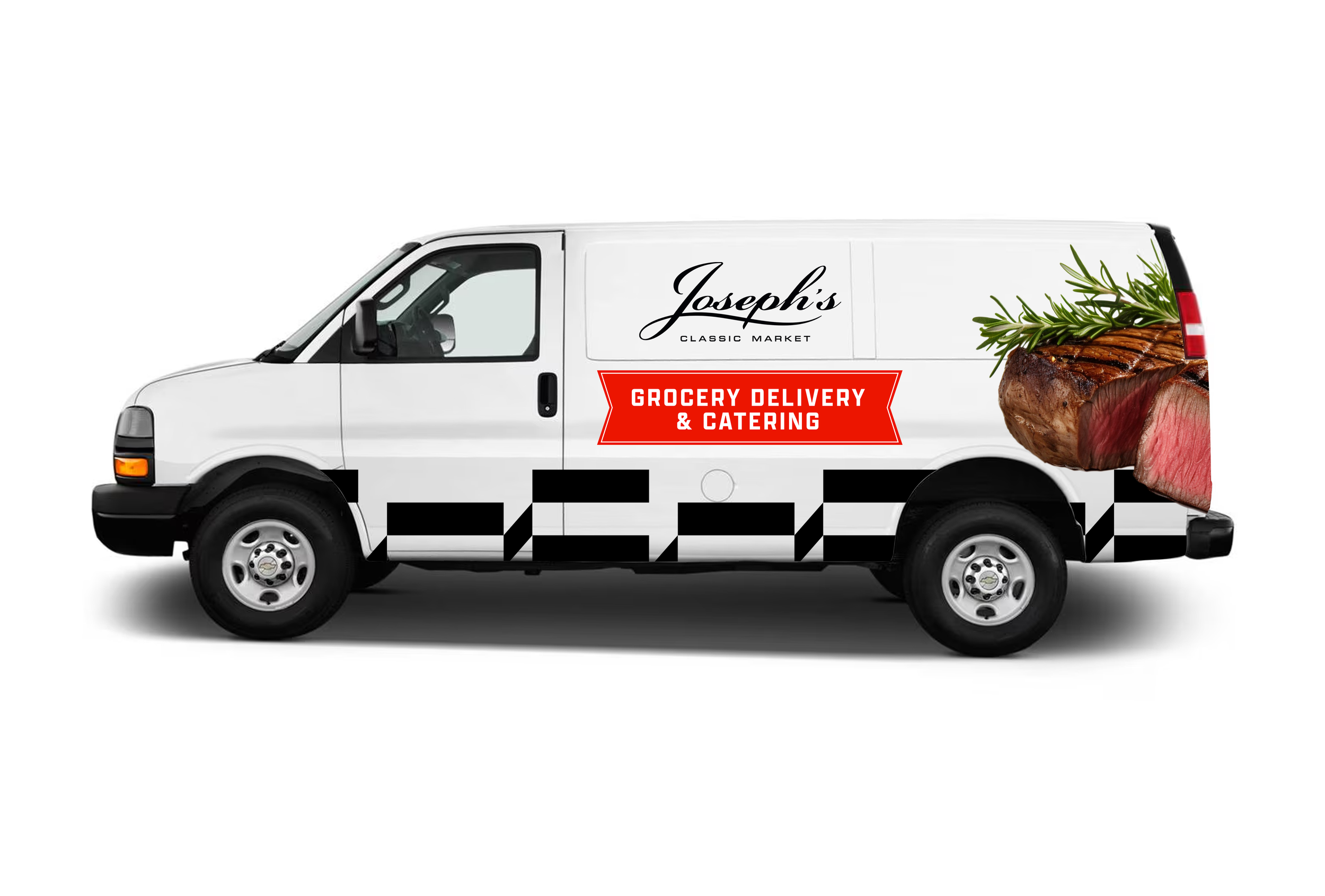 Grocery delivery and catering van for Joseph's Classic Market, with a large image of a cooked steak garnished with herbs on the side.