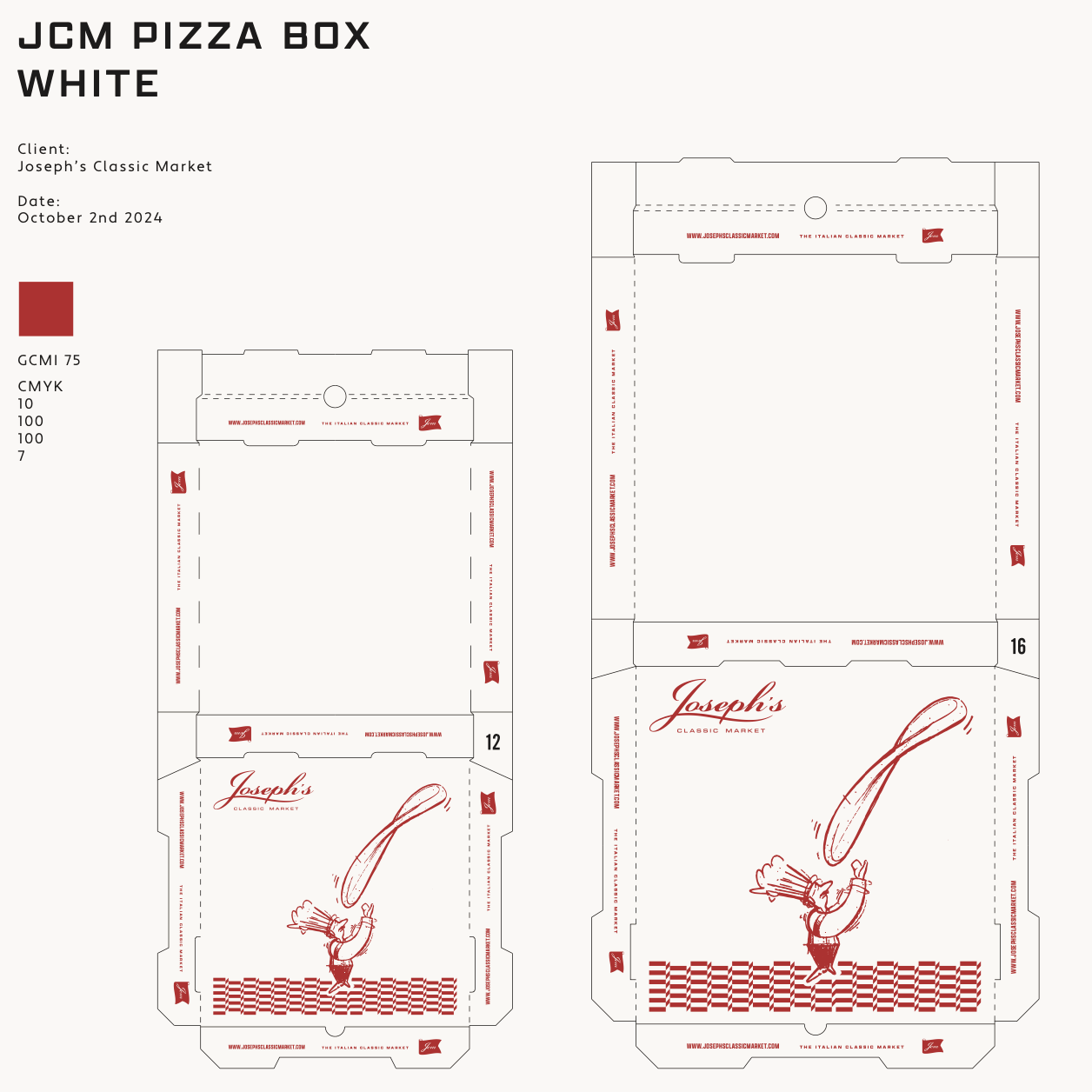 Design layout of two white pizza boxes with red accents, featuring branding for Joseph's Classic Market, a chef with a large spoon, and checkered patterns along the edges.