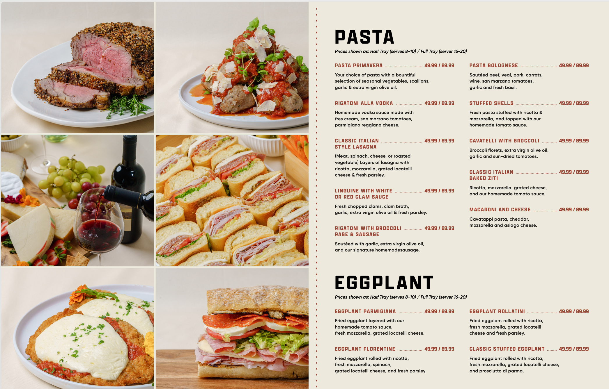 Menu featuring various pasta and eggplant dishes, alongside images of a beef main course, a meatball salad, cheese and wine, club sandwiches, a breaded eggplant dish, and a hero sandwich with ham and lettuce.