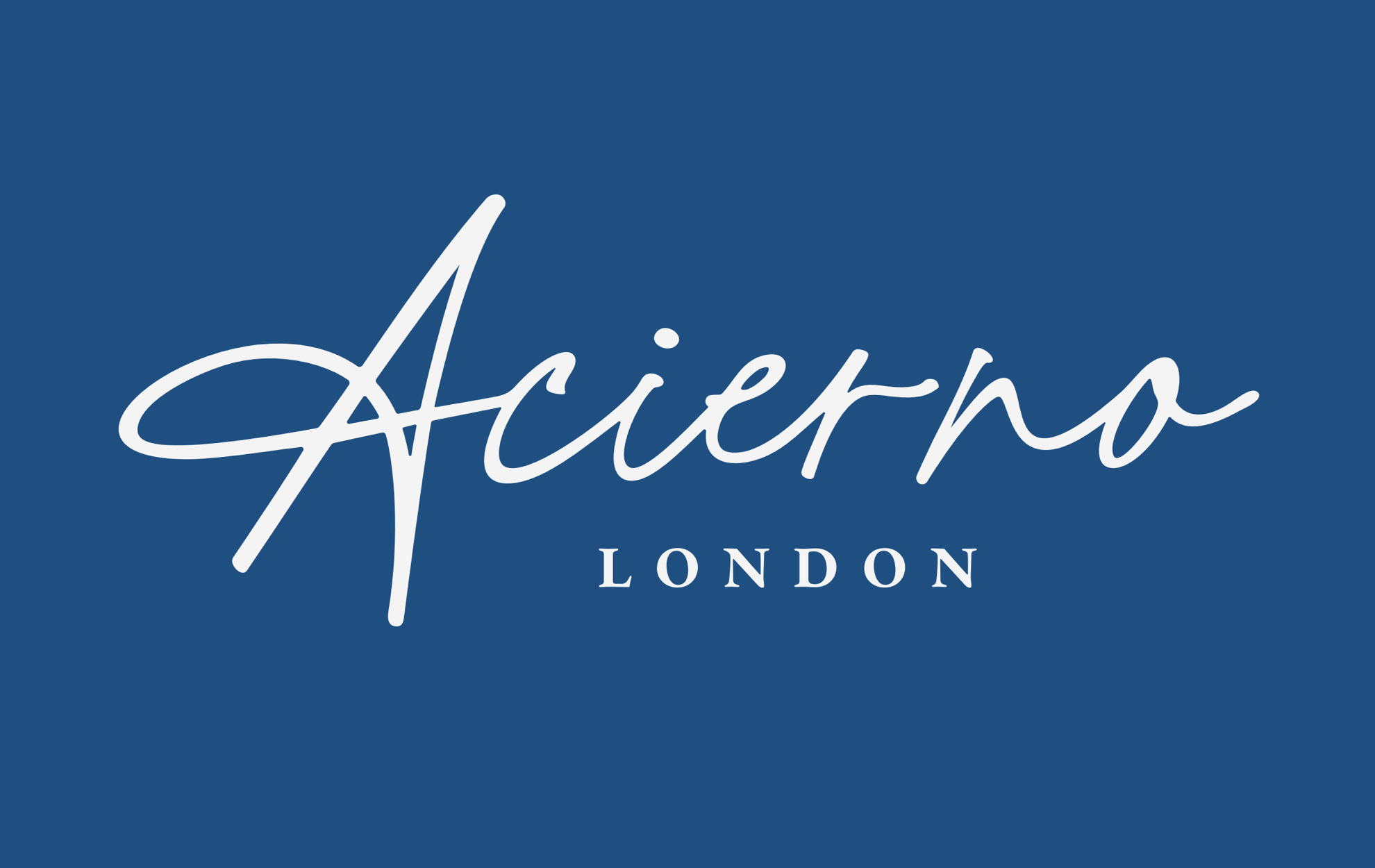 Logo of Acierno London with a dark blue background, featuring white cursive and uppercase text. Robert Ranfranz branding, design and packaging.