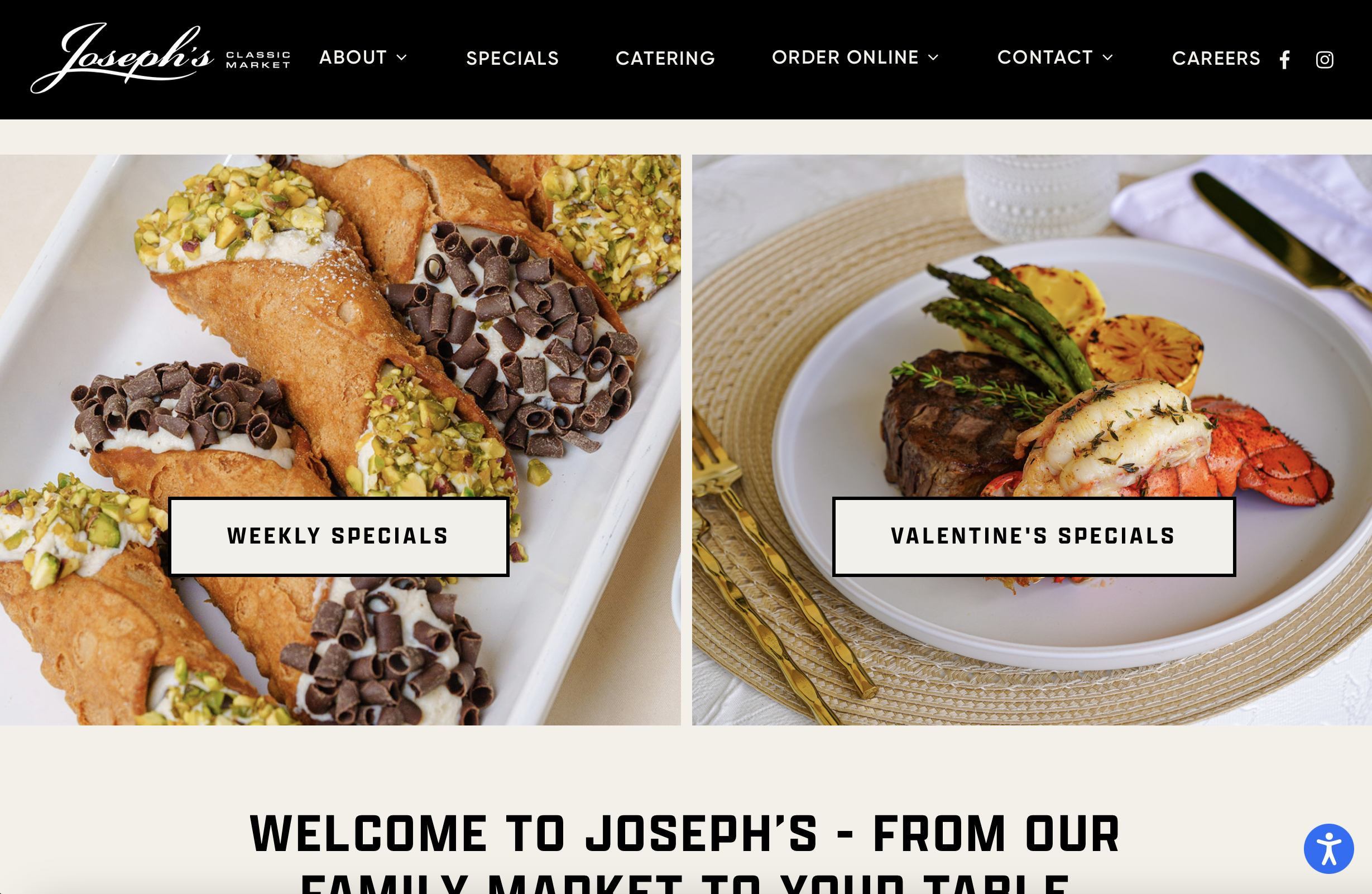 Image of James' Classic Market website showing two food photos: on the left, assorted fried items with chocolate and pistachio toppings labeled 'Weekly Specials'; on the right, a plated meal with steak, lobster tail, grilled asparagus, and roasted potatoes labeled 'Valentine's Specials.'