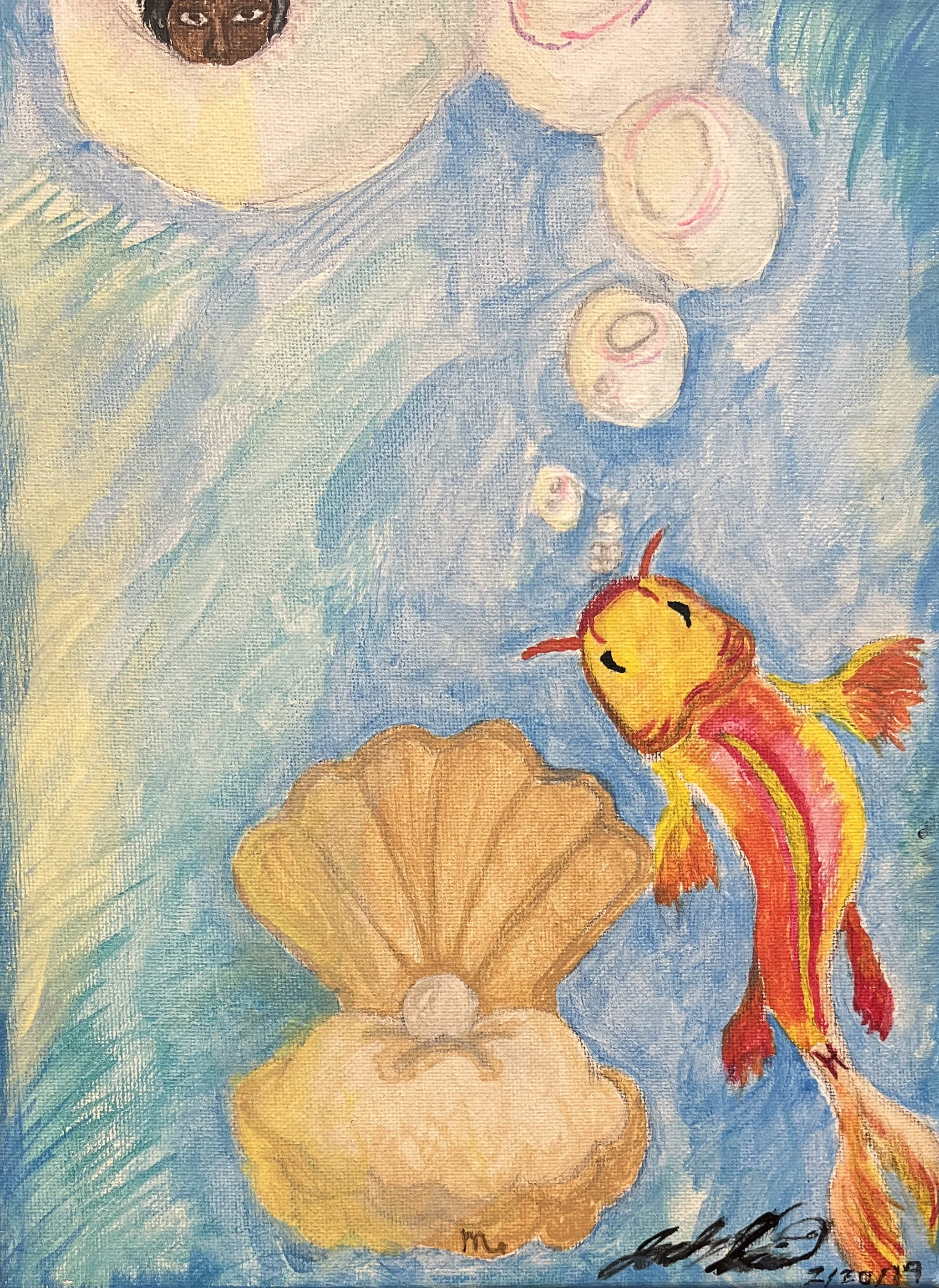 A colorful painting of a yellow and orange fish with a rainbow tail swimming around bubbles and orange coral, inspired by a style similar to Vincent van Gogh.