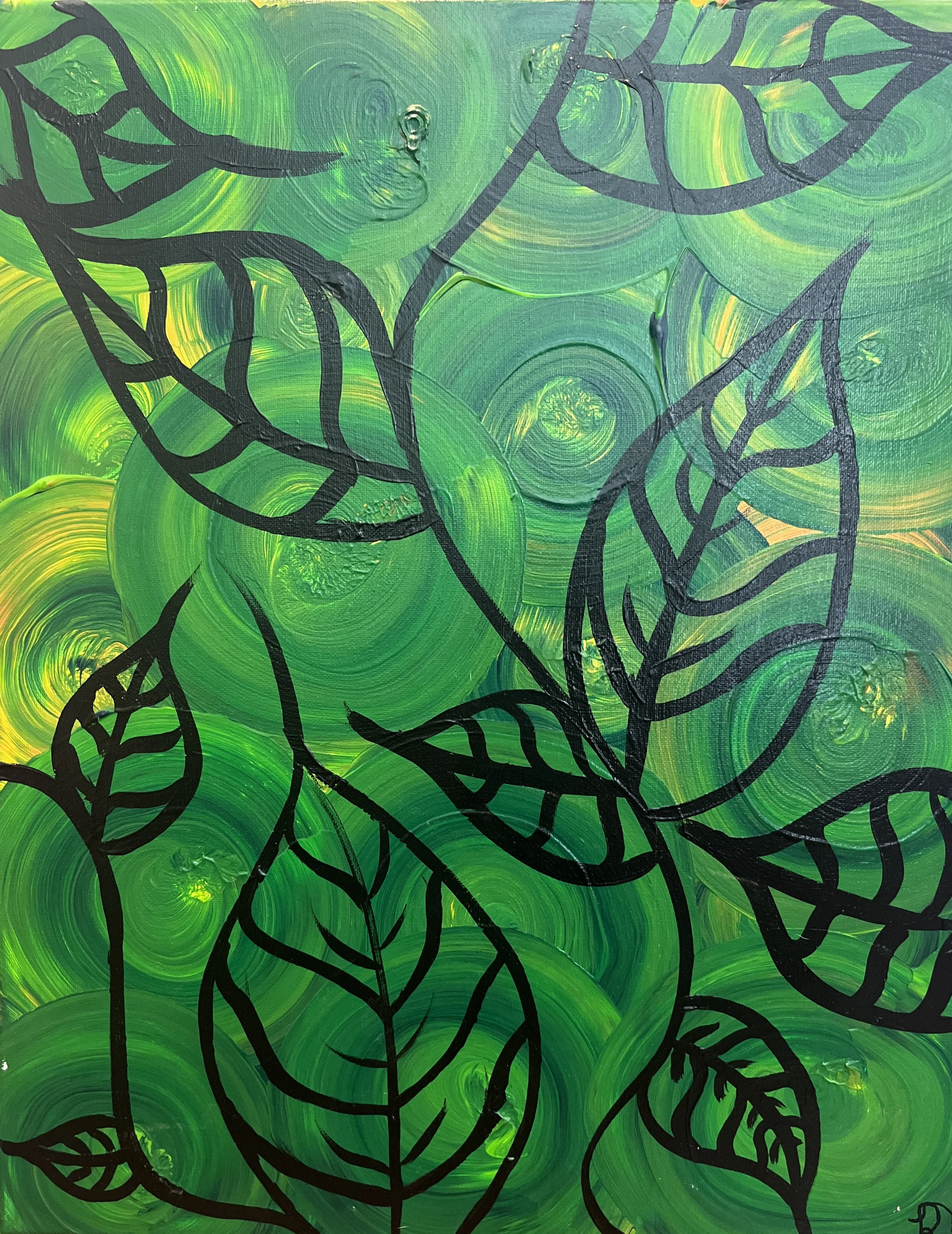 Abstract painting with swirling green background and black outline of leaves and branches.