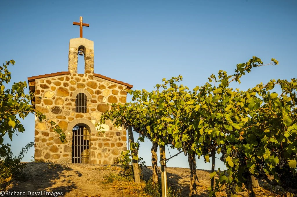 A small stone church with a cross on top, surrounded by grapevines, under a clear blue sky.