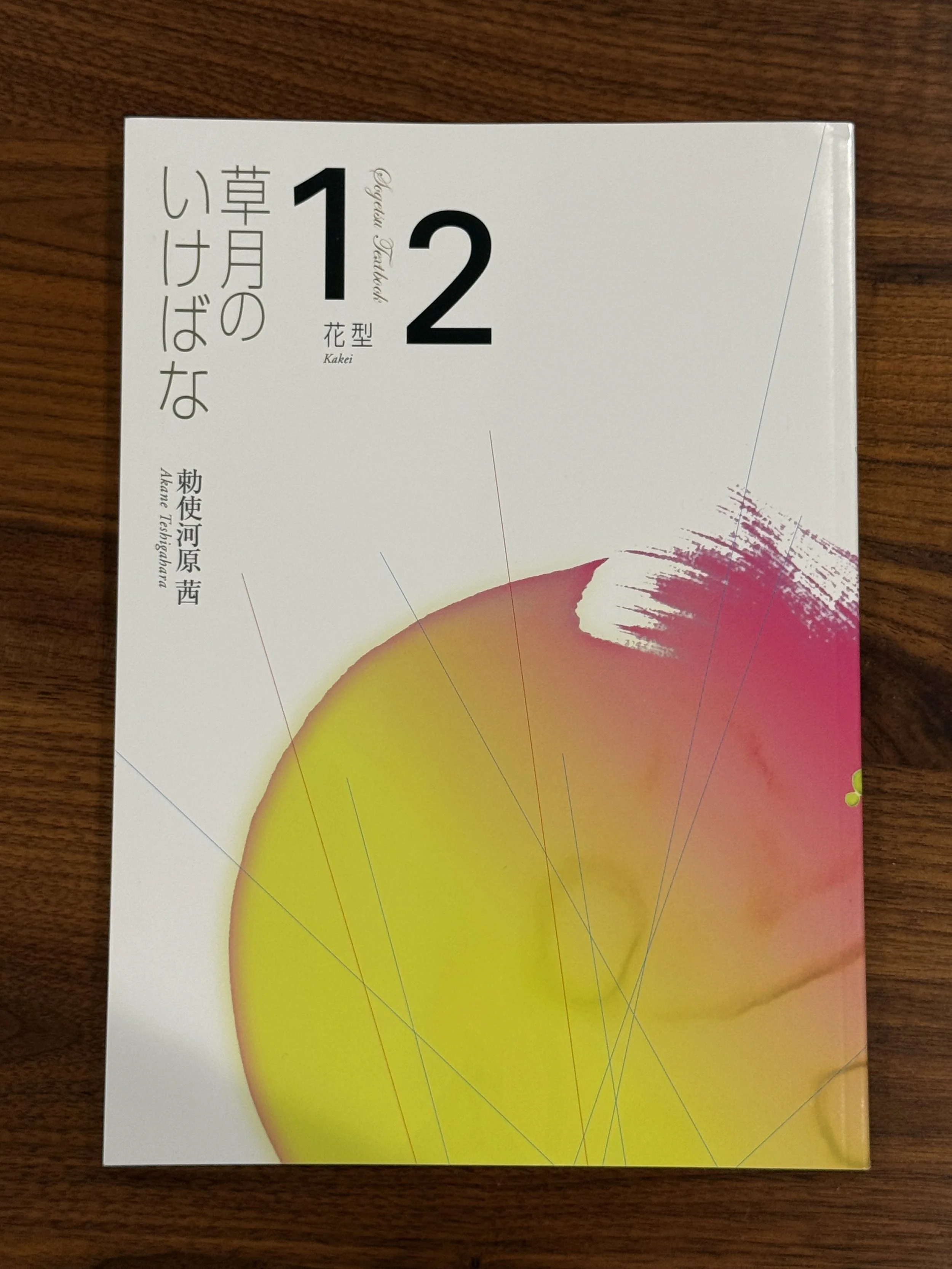 A colorful Japanese calendar for January 2012 with abstract design and Japanese script on a wooden surface.