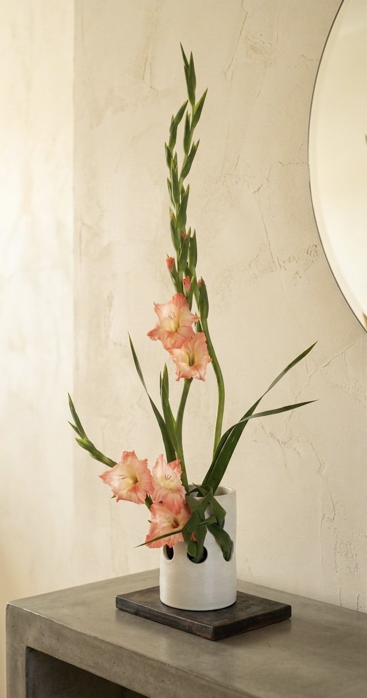 A tall floral arrangement of peach-colored gladiolus flowers in a white vase on a concrete table against a textured light-colored wall, with a round mirror partially visible on the right.
