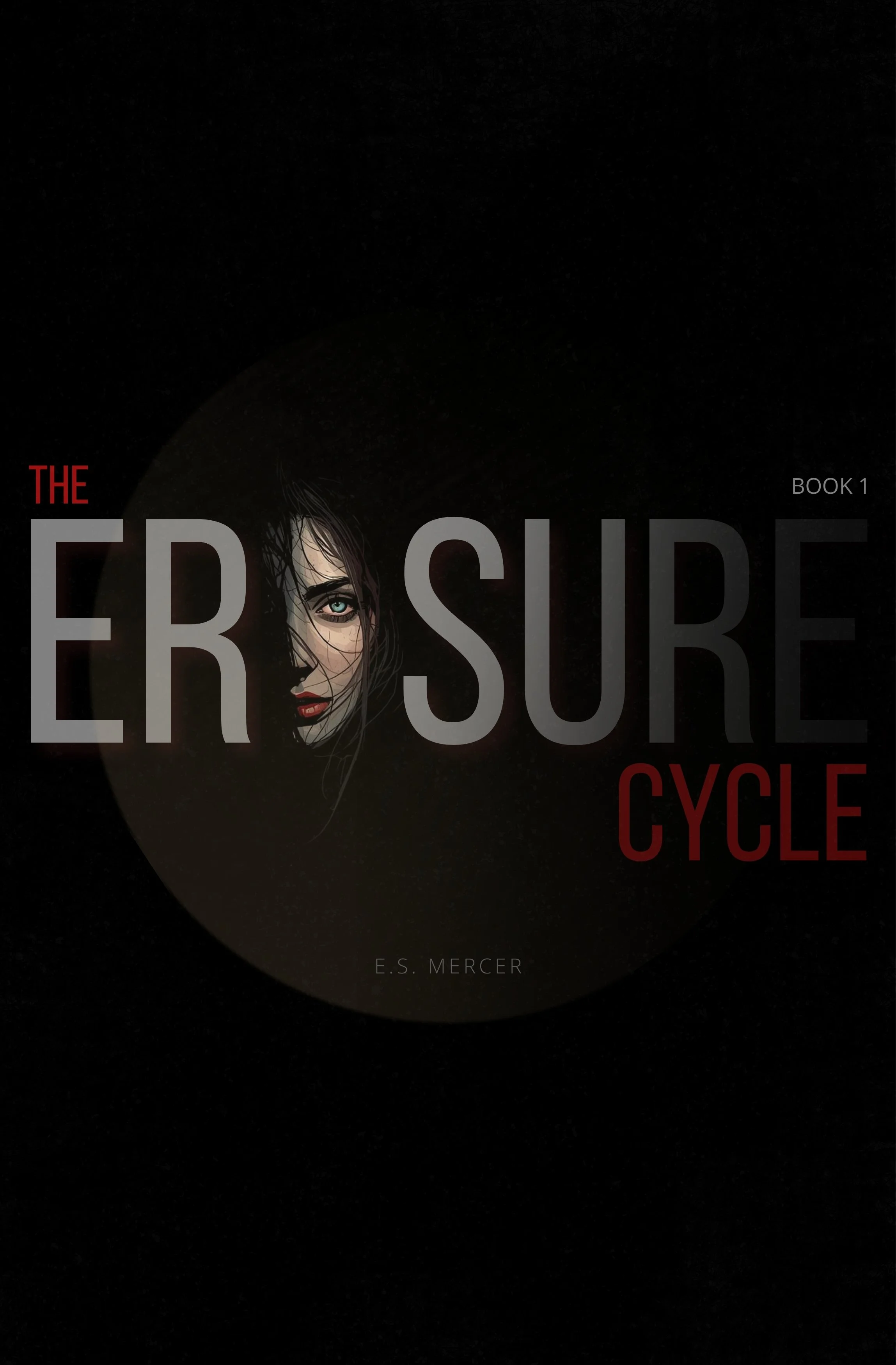 Book cover titled 'The Erosion Cycle: Book 1' by E.S. Mercer, featuring half of a woman's face with dark hair and intense eyes, set against a dark background.