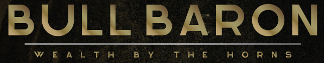 Text that reads "BULL BARON" with the subtitle "WEALTH BY THE HORNS" on a dark background.