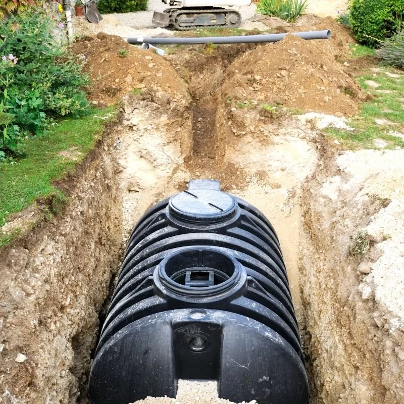 A trench with a large underground septic tank being installed in a backyard, with a pipe on top and a excavator in the background.