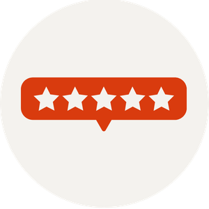 Five white stars inside an orange speech bubble on a white background.
