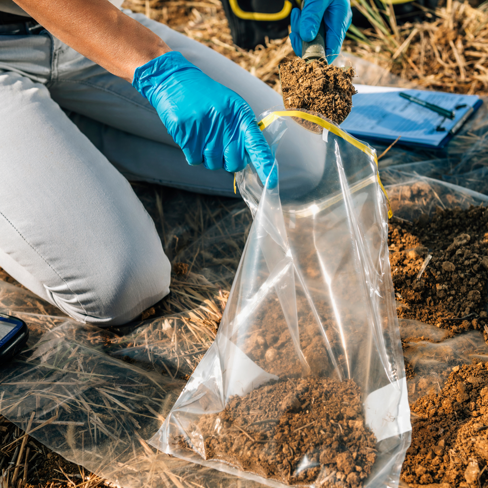 Person kneeling on the ground conducting a soil evaluation, wearing blue gloves, placing soil into a clear plastic bag on a field, with a clipboard and pen nearby.