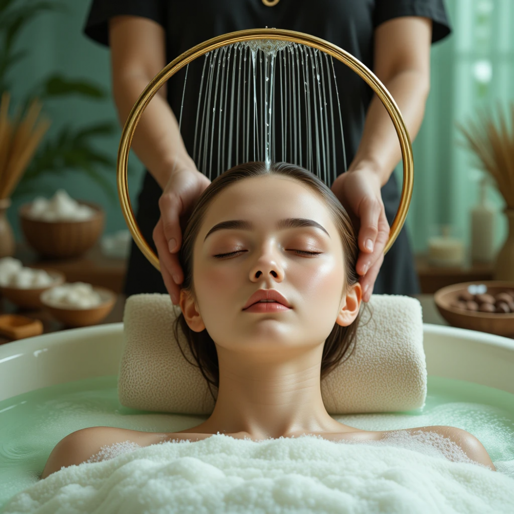 A young woman receiving a head massage under a waterfall feature in a spa pool, with spa products and candles in the background.