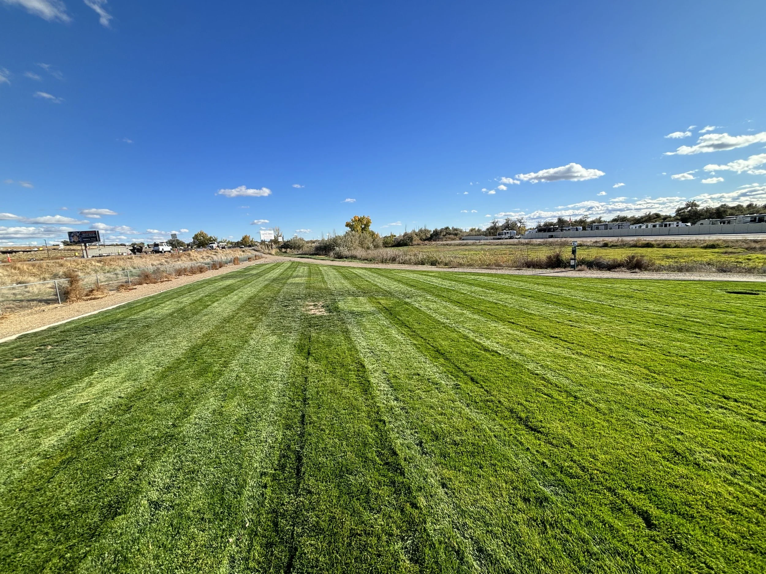 A lush, green lawn with freshly mowed stripes stretching to the horizon under a bright blue sky with a few scattered clouds.