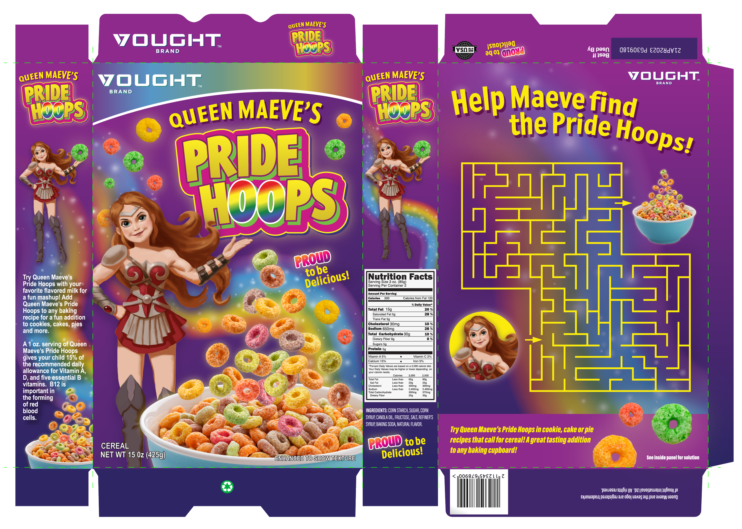Cereal Box, The Boys S4 (Maeve illustration and Vought logo from existing show assets)