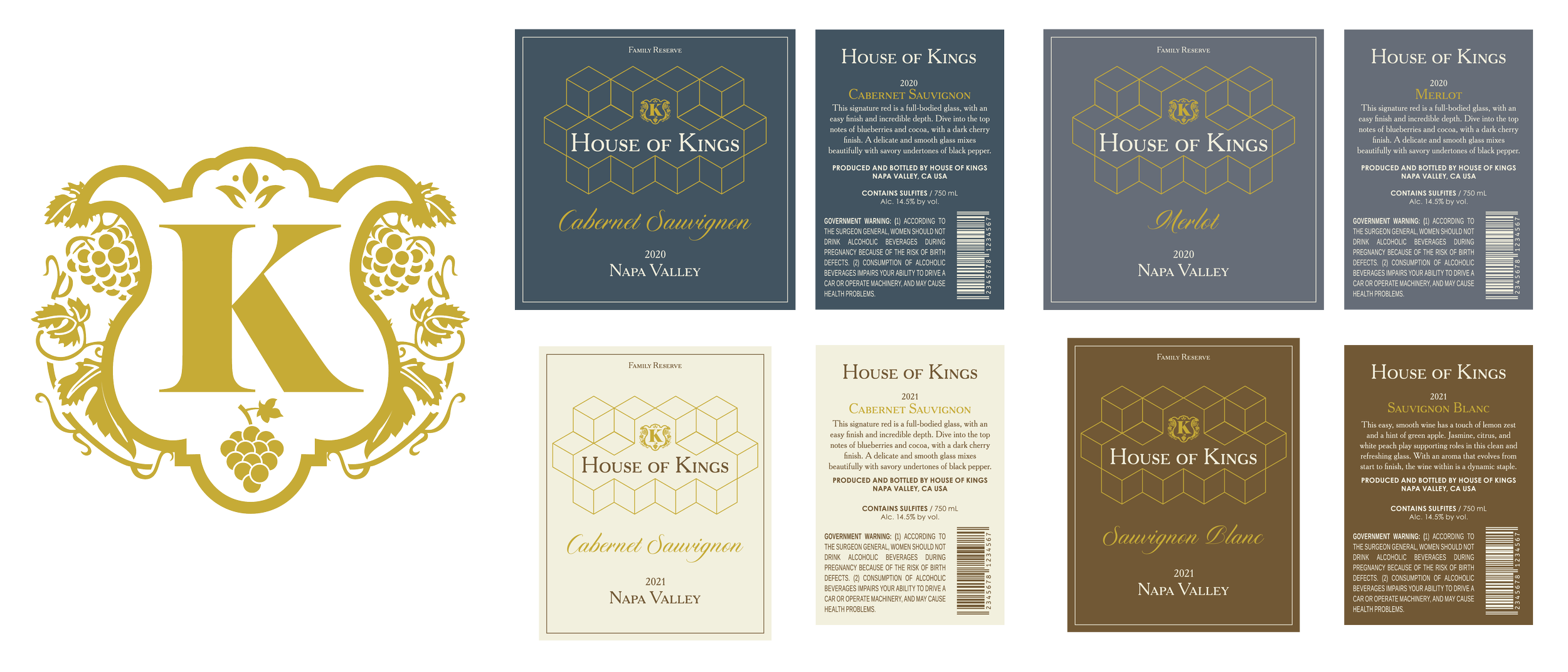 "House of Kings" Logo and Wine Labels, Kings of Napa S1