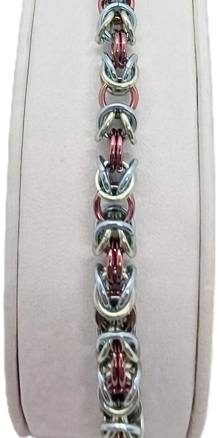 Cranberry, Pastel Green, Pastel Blue Chainmail Bracelet 2026 - Close Up.JPG