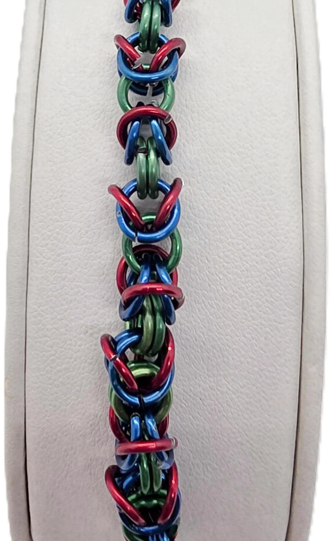 Green, Red, Blue Chainmail Bracelet 2026 - Close Up.JPG
