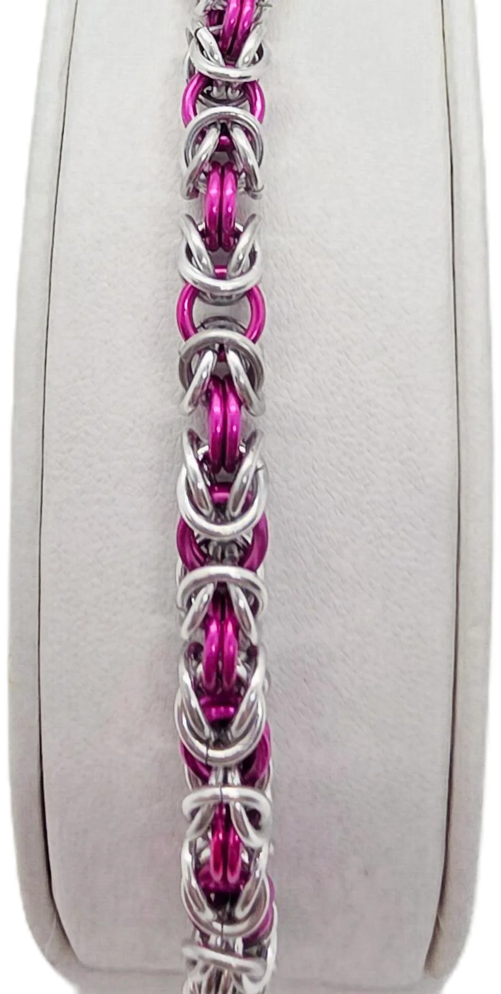 Bright Pink, Silver, Silver Chainmail Bracelet 2026 - Close Up.JPG