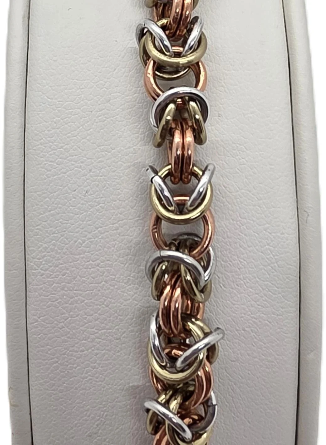 Copper, Gold, Silver Chainmail Bracelet 2026 - Close Up.JPG