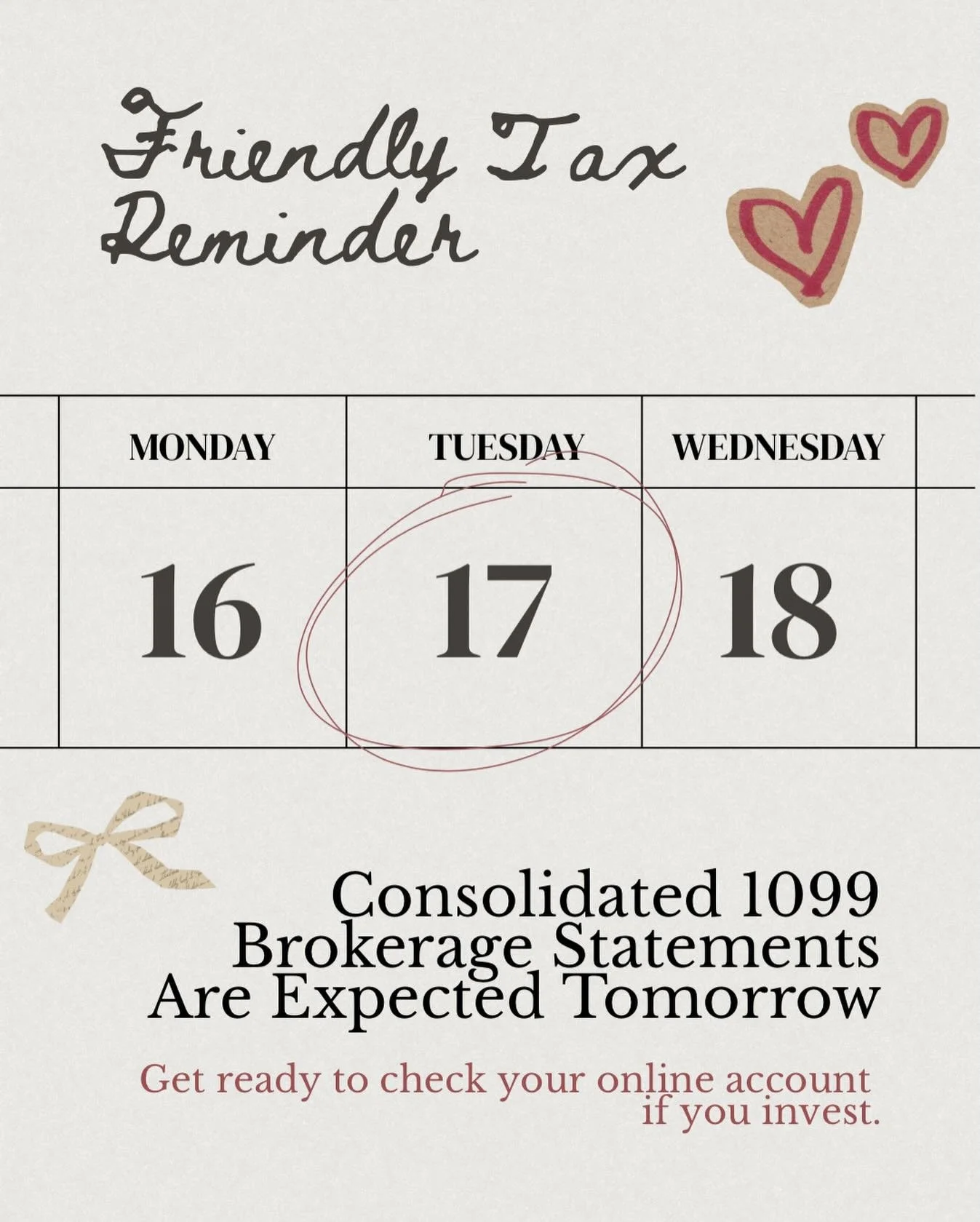 Tax friends 🫶🏻

If you have brokerage accounts, your consolidated 1099s are expected to be available tomorrow (due to Presidents&rsquo; Day). 

This form reports things like:
&bull; Dividends
&bull; Interest
&bull; Capital gains
&bull; Stock sales
