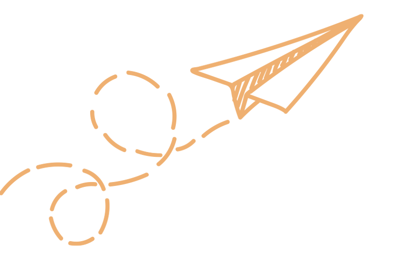 Line drawing of a paper airplane with dashed flight path circles.