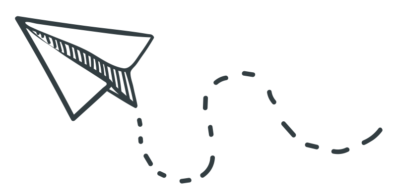 Line drawing of a paper airplane with a dashed flight path.
