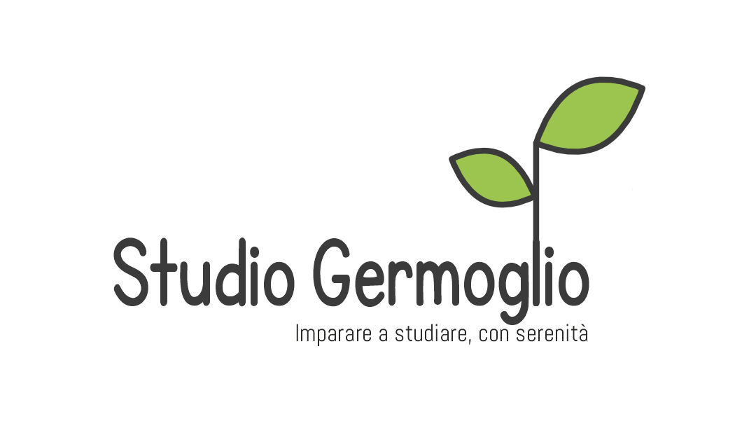 Logo con due foglie verdi e testo 'Studio Germoglio' e il sottotitolo 'Imparare a studiare, con serenità'.