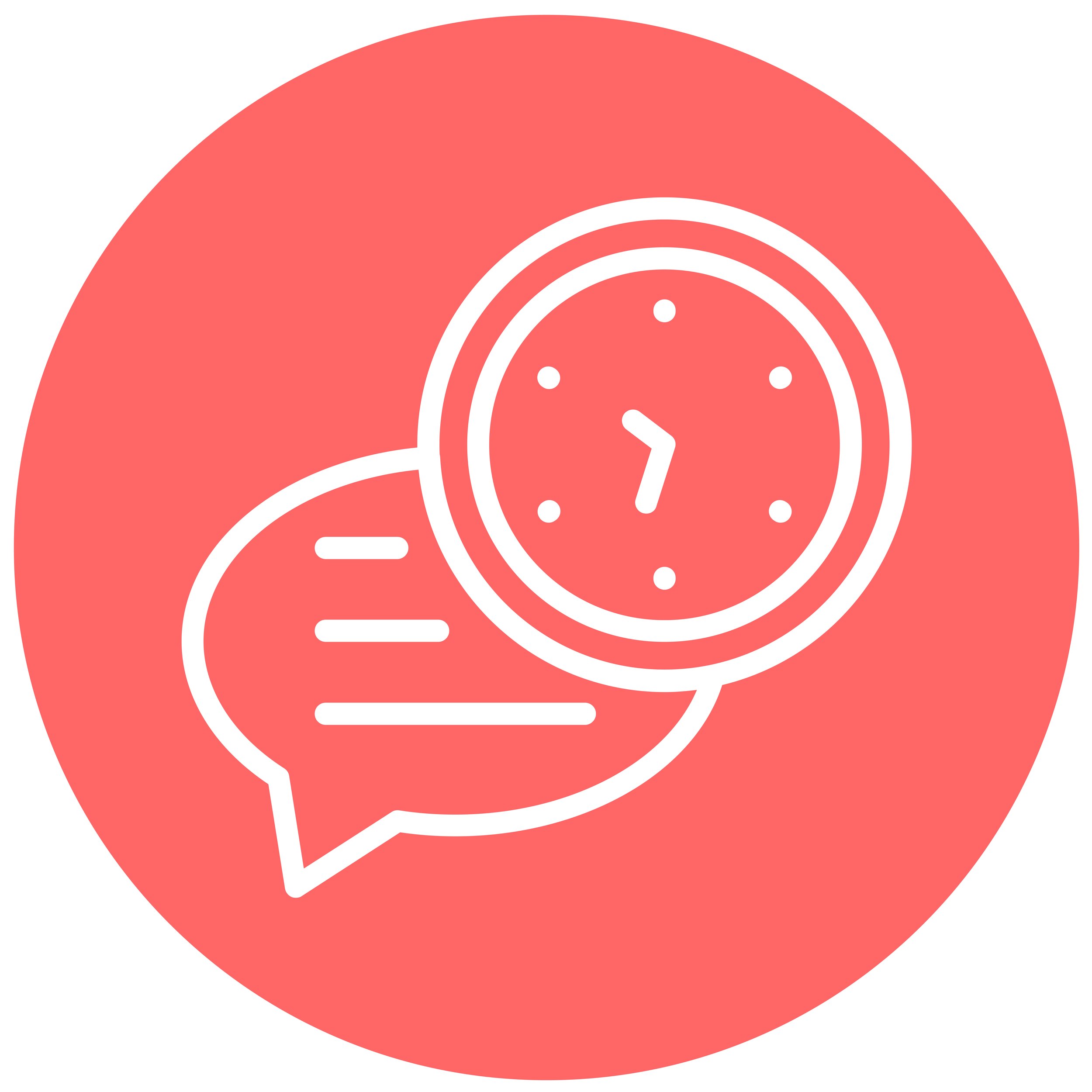 Icona con un orologio, un fumetto e uno sfondo rosso.