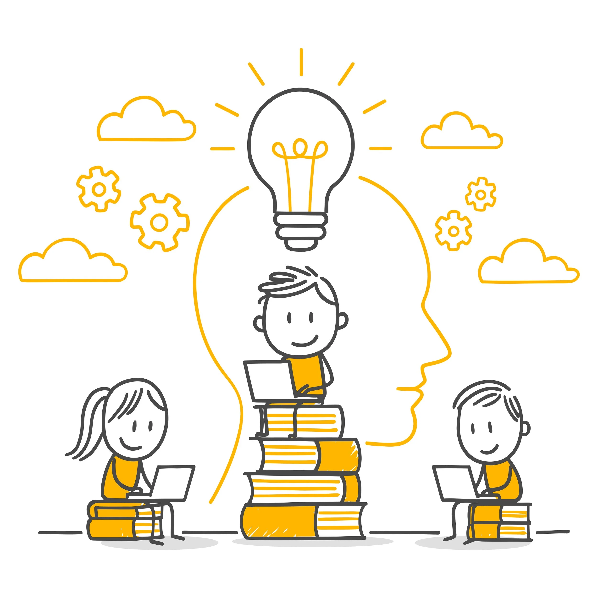 Illustrazione di bambini con computer e libri, con una sagoma di testa umana che contiene una lampadina accesa, simbolo di idea o creatività, circondata da nuvole e ingranaggi.