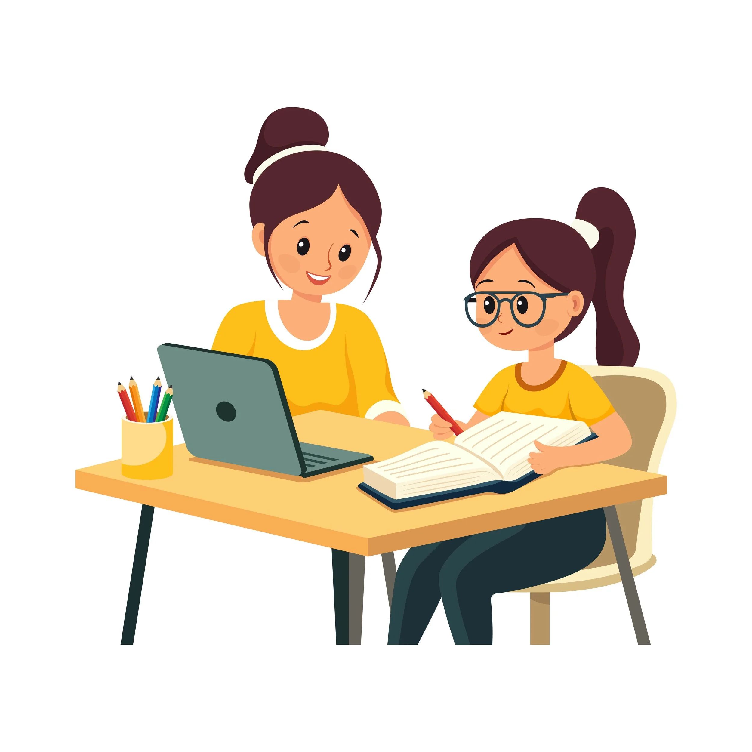 Due donne con capelli castani, una più anziana con i capelli in uno chignon, l'altra più giovane con i capelli lunghi e una coda di cavallo, sedute a un tavolo di legno, che lavorano con un laptop e un libro aperto, con colori vivaci e un ambiente di studio.