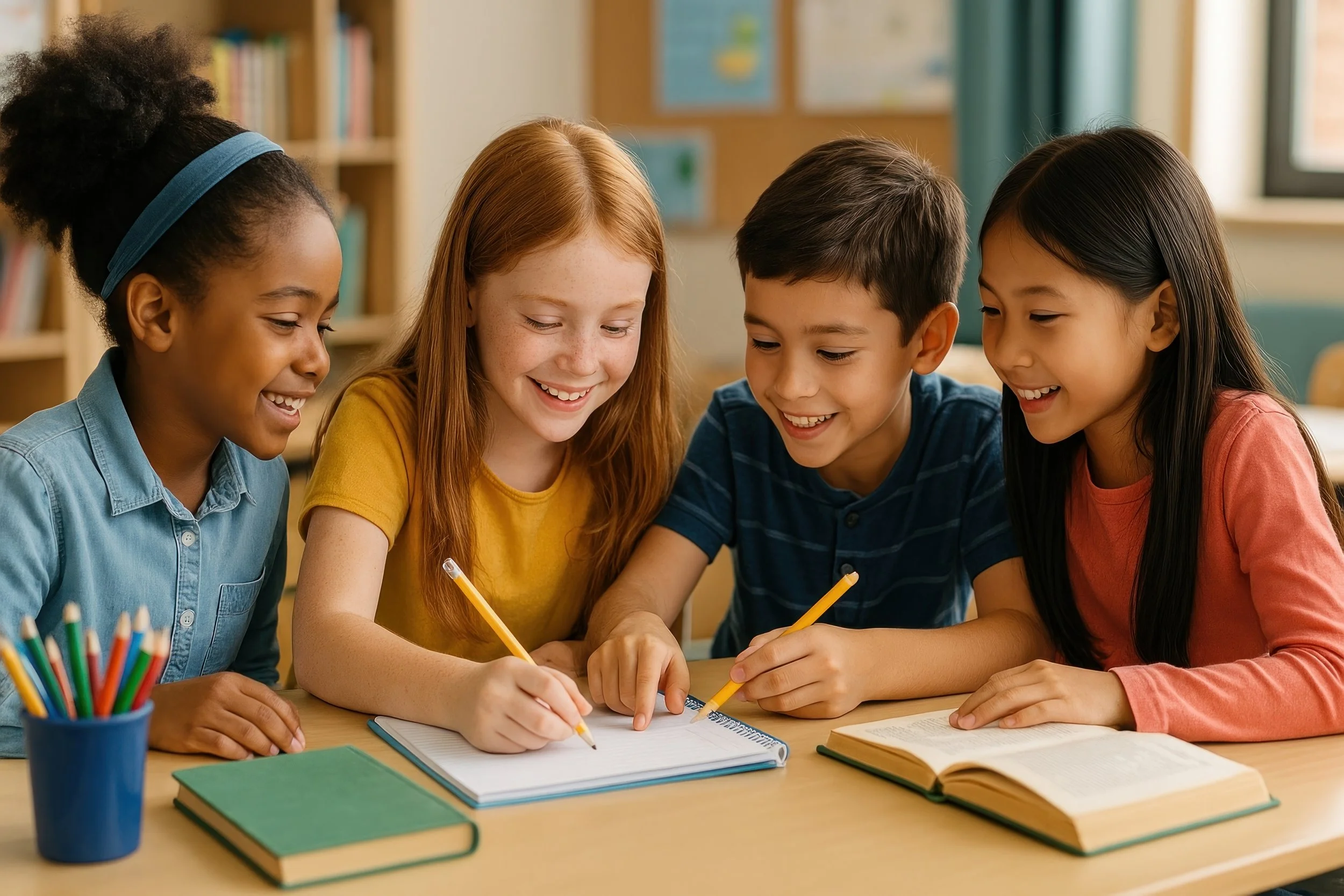 Quattro bambini sorridenti seduti insieme a un tavolo con libri e matite, collaborando mentre scrivono e leggono in una classe.