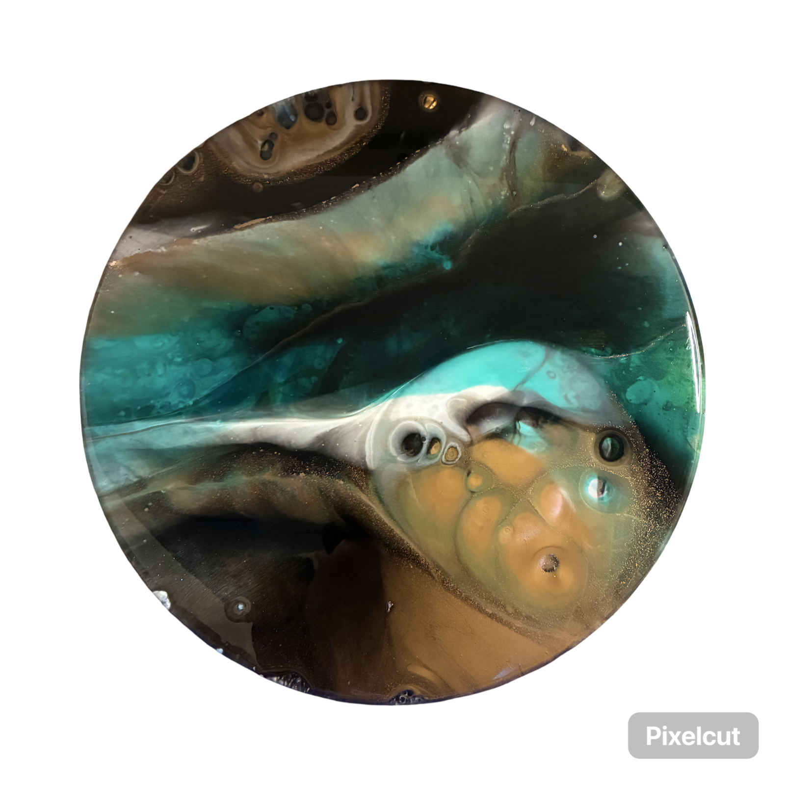 Close-up of a circular, abstract fluid art painting with swirling colors of black, teal, gold, and white.