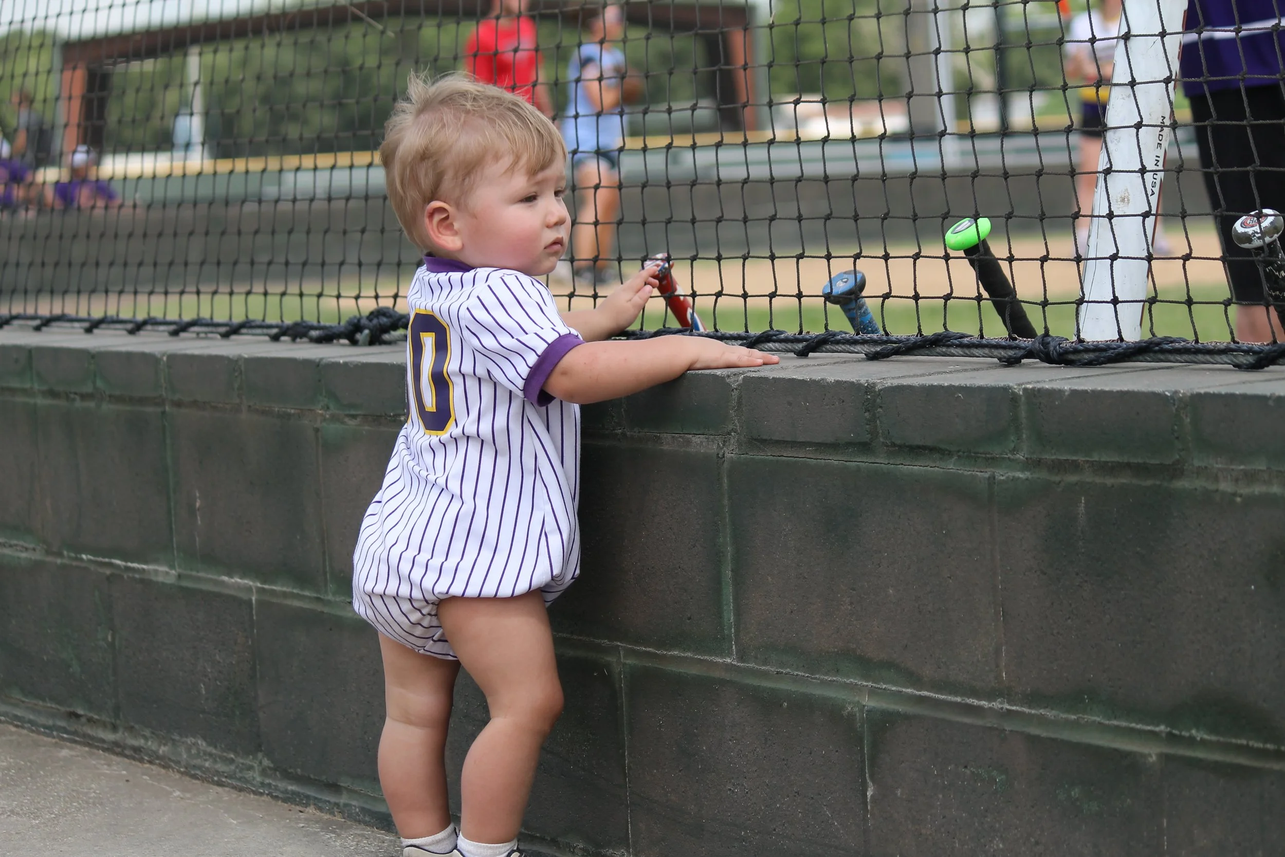 A young boy with blonde hair dressed in a purple and white striped baseball jersey and shorts stands on a sidewalk, looking over a barrier at a baseball field. He holds a small toy baseball bat and is observing the game or activity happening on the f