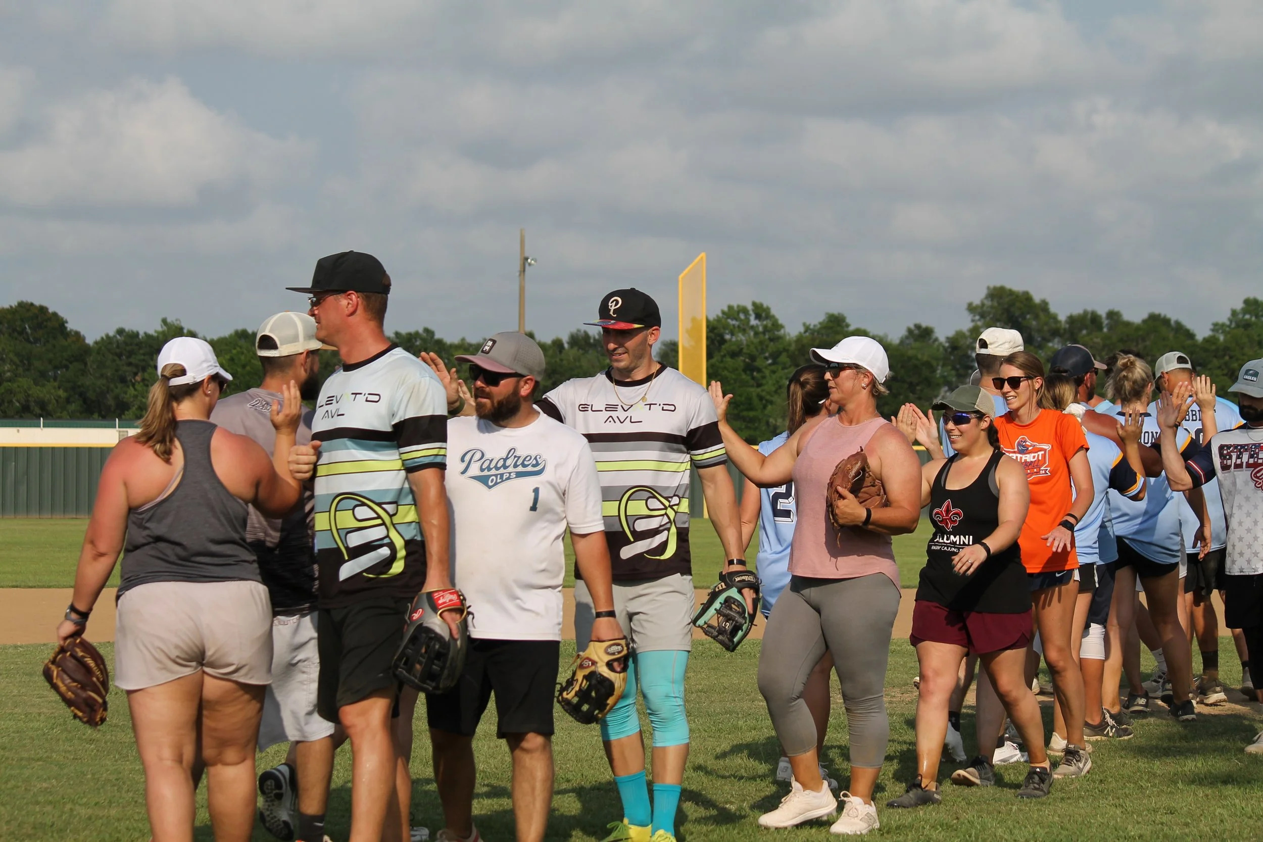 A group of people, including baseball players and spectators, standing on a baseball field giving high-fives.