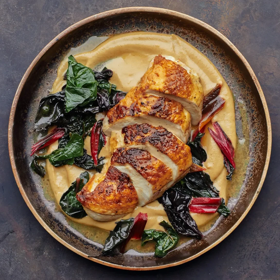 Chicken With Mushroom Purée and Swiss Chard.webp