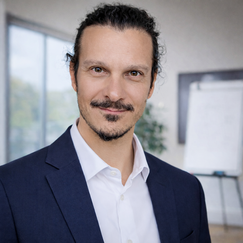 Uomo con capelli ricci scuri, barba e baffi, che sorride, indossa un abito blu scuro e una camicia bianca in un ambiente d'ufficio con grande finestra e lavagna.