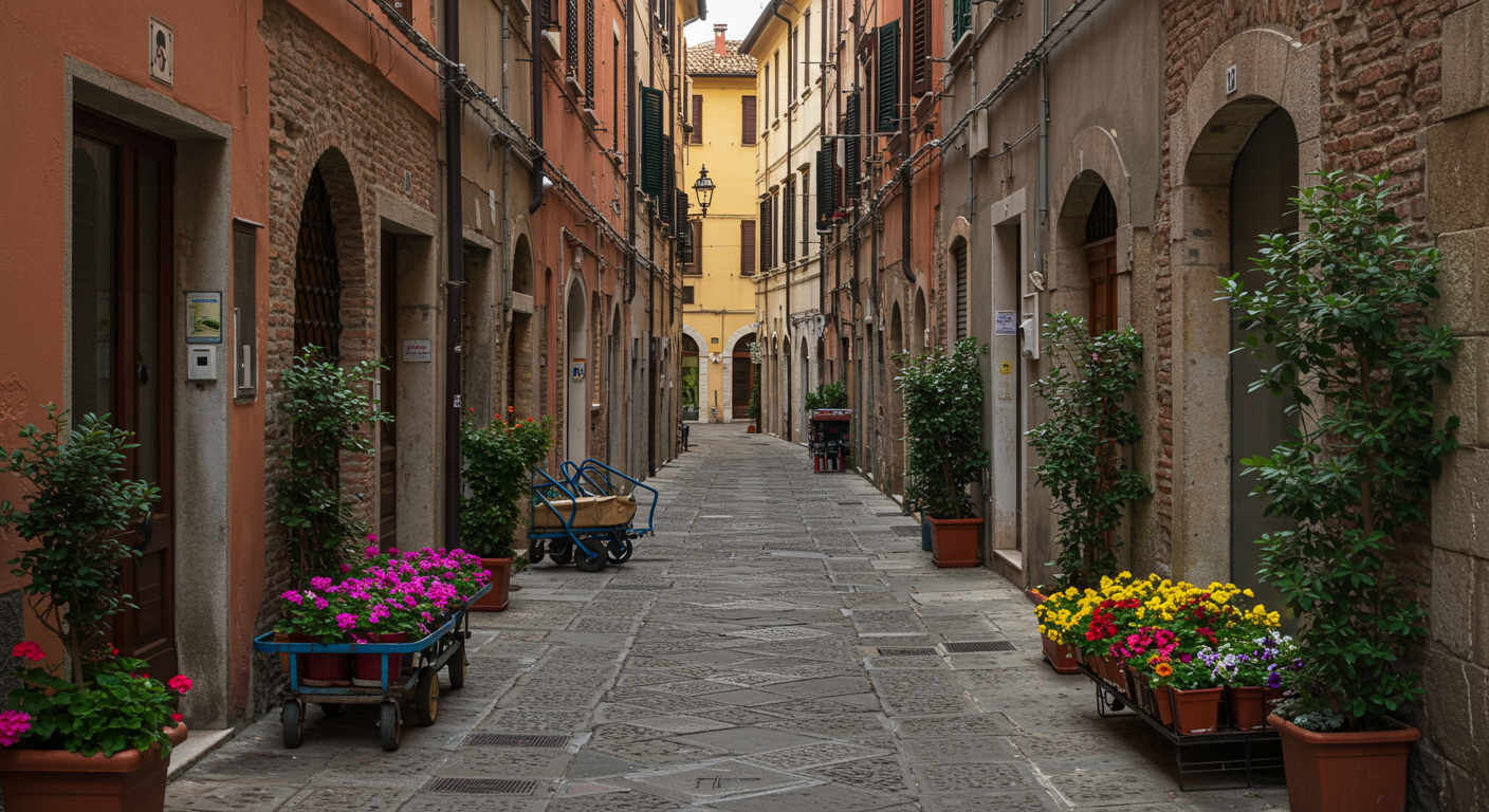 An empty narrow cobblestone street lined with potted plants and flowers, with buildings of brick and plaster on either side, and a distant archway at the end.